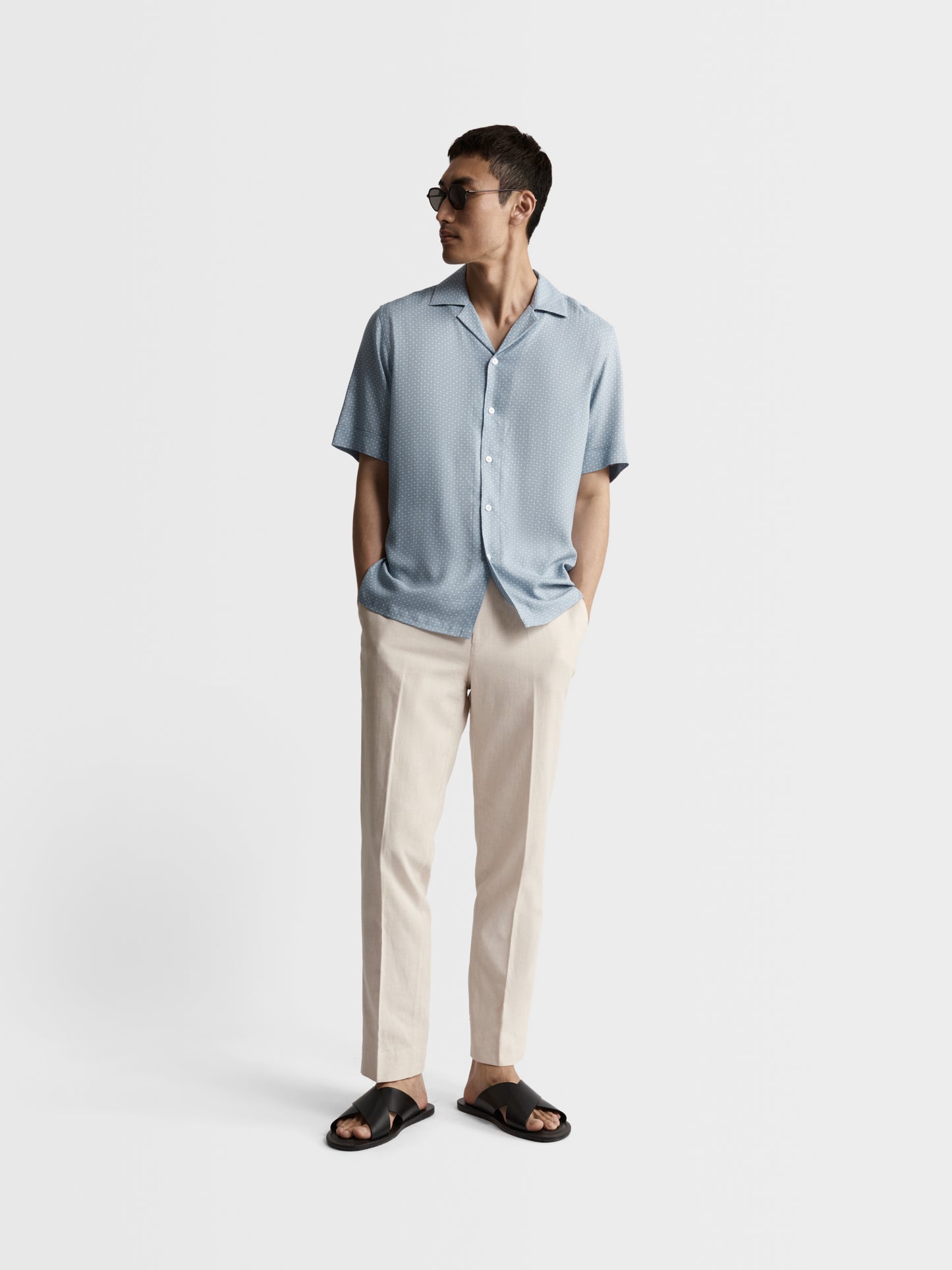 Image 3 of Blue Printed Plain Weave Regular Fit Short Sleeve Revere Collar Shirt