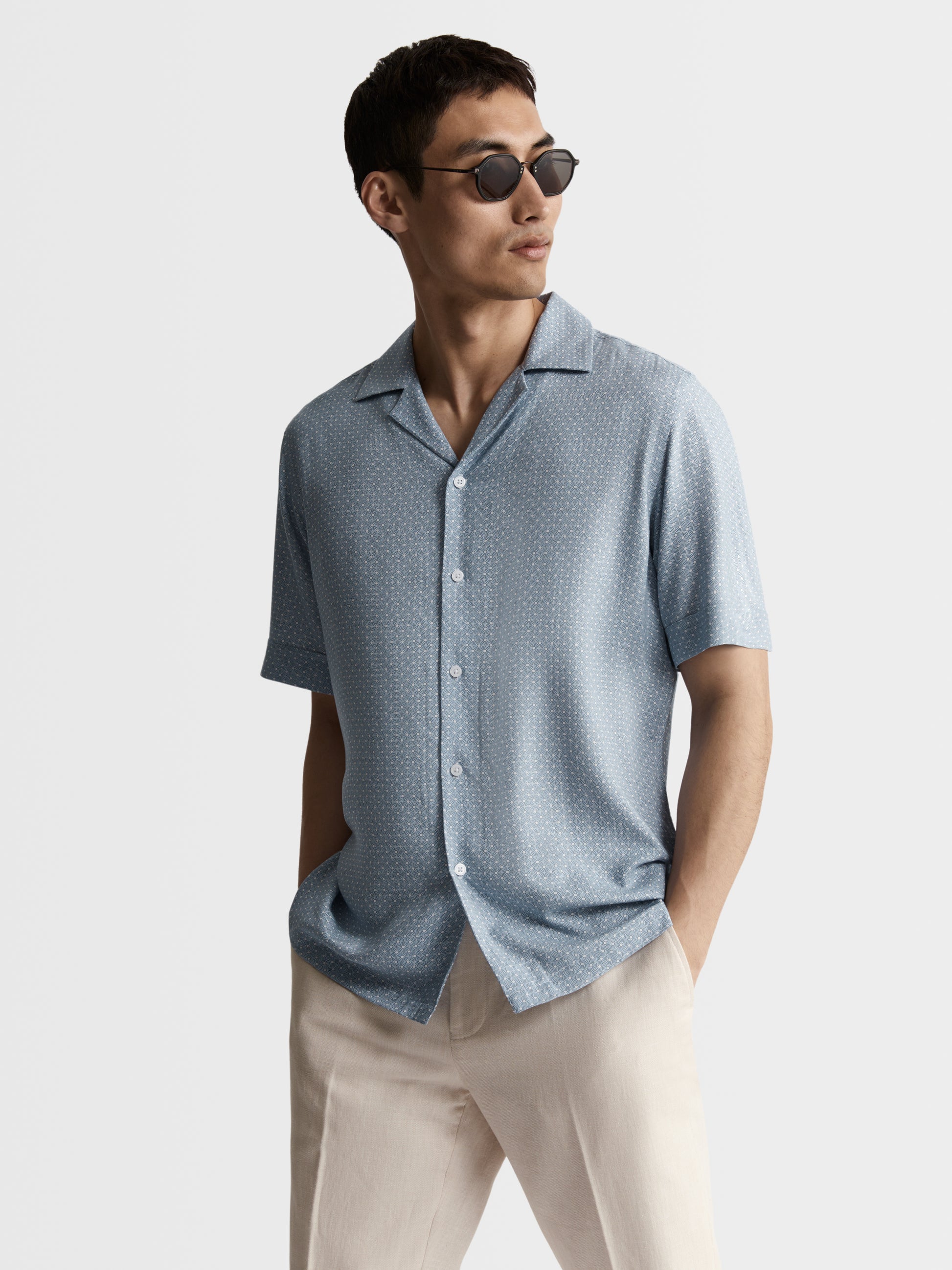 Image 1 of Blue Printed Plain Weave Regular Fit Short Sleeve Revere Collar Shirt