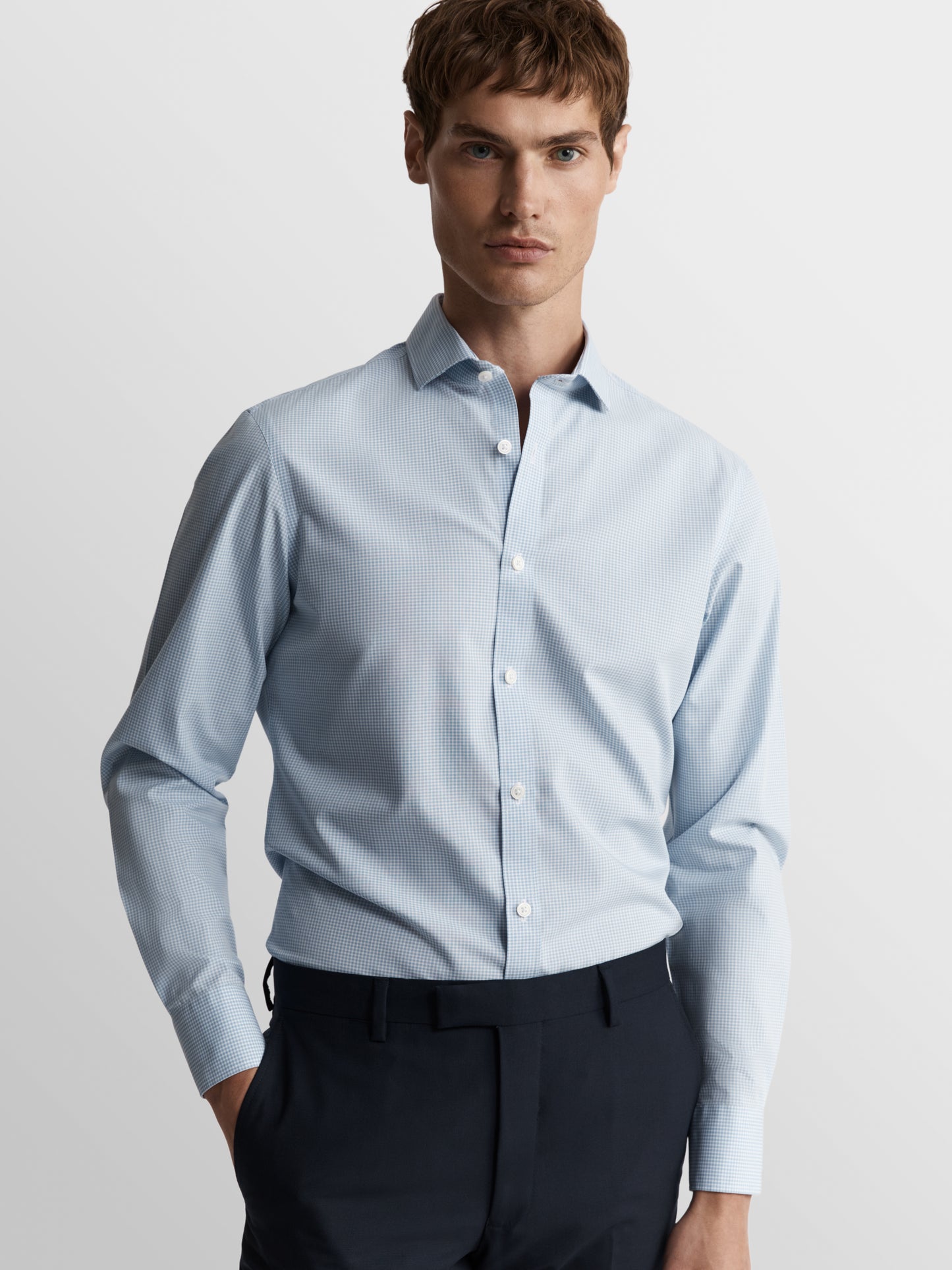 Image 2 of Non-Iron Blue Mini Check Plain Weave Fitted Single Cuff Classic Collar Shirt