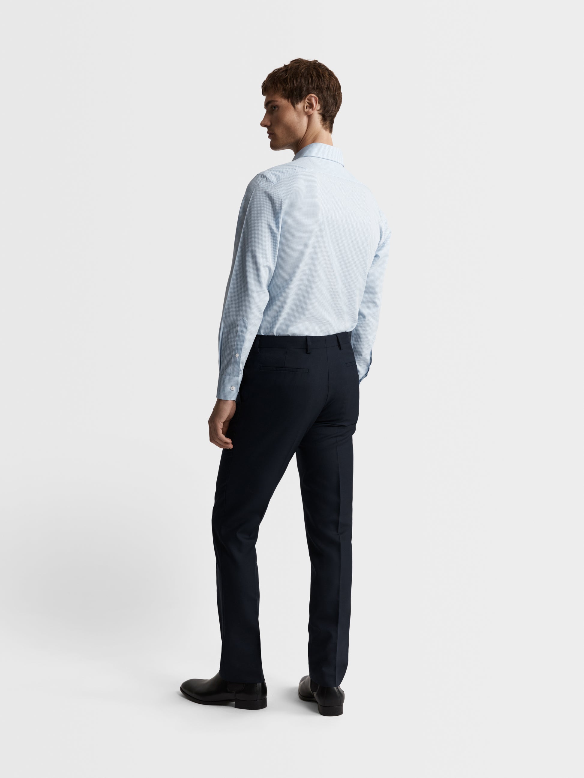 Image 4 of Non-Iron Blue Mini Check Plain Weave Fitted Single Cuff Classic Collar Shirt