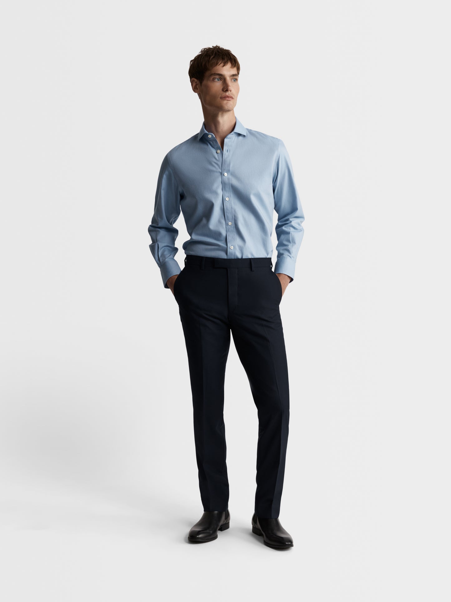 Blue Bold Twill Slim Fit Single Cuff Cutaway Collar Shirt