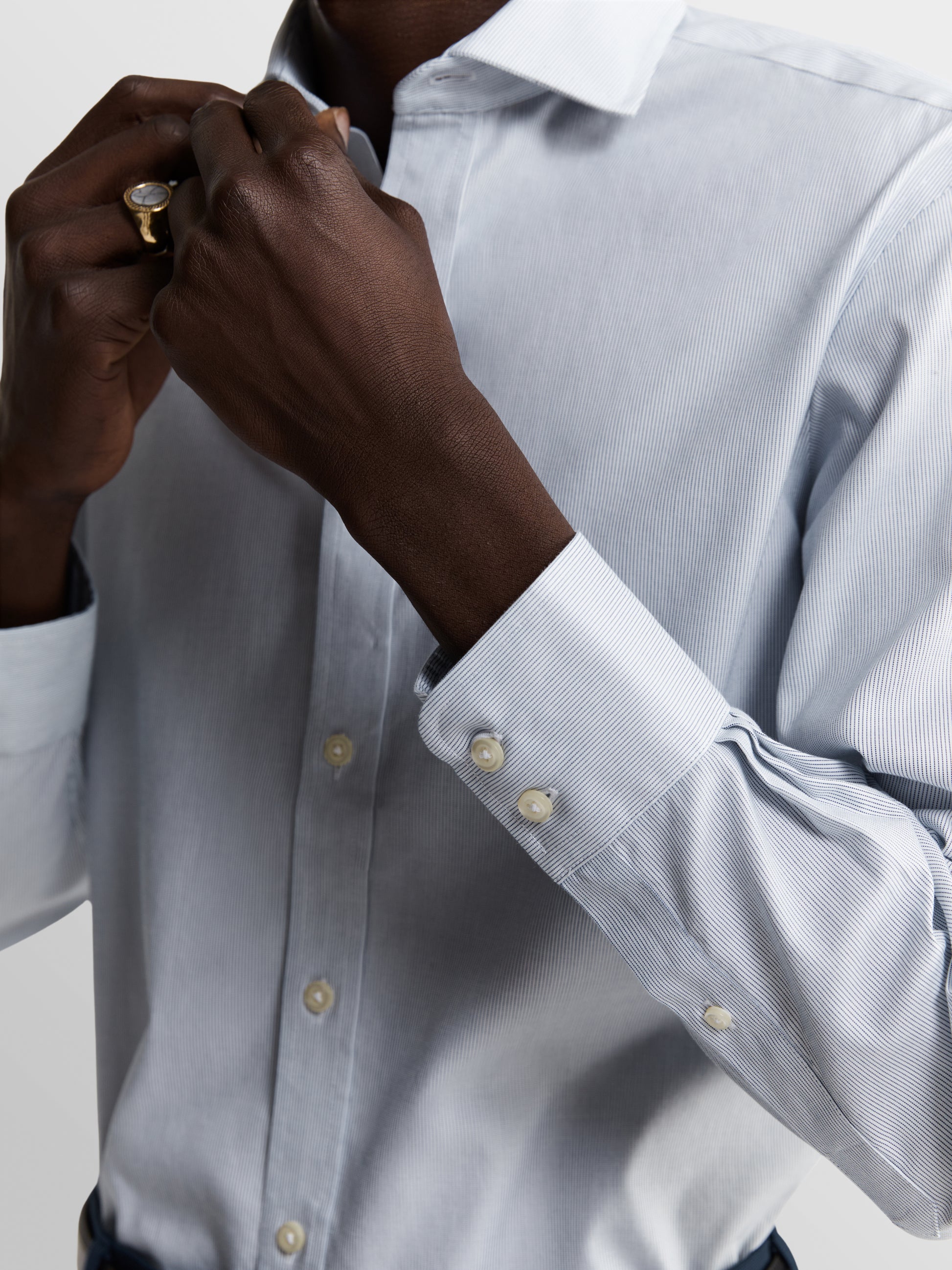 Image 2 of Non-Iron Navy Blue Narrow Dash Stripe Plain Weave Slim Fit Single Cuff Semi Cutaway Collar Shirt
