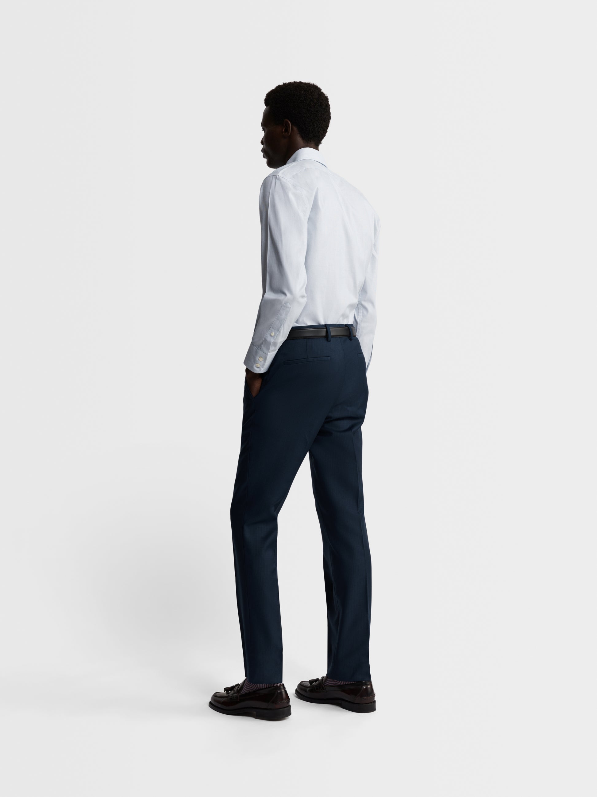 Image 4 of Non-Iron Navy Blue Narrow Dash Stripe Plain Weave Slim Fit Single Cuff Semi Cutaway Collar Shirt