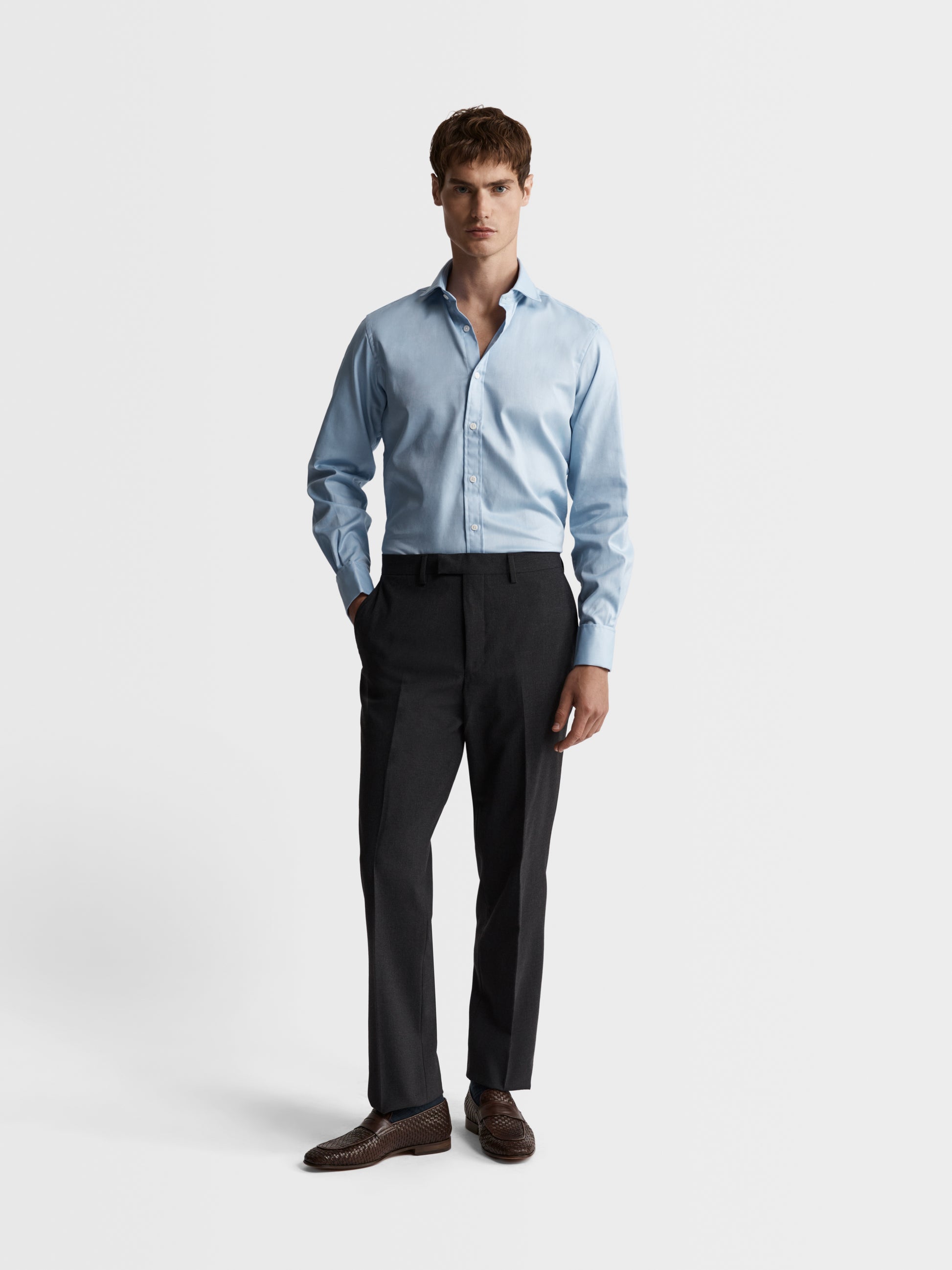 Image 2 of Blue Bold Twill Slim Fit Double Cuff Cutaway Collar Shirt