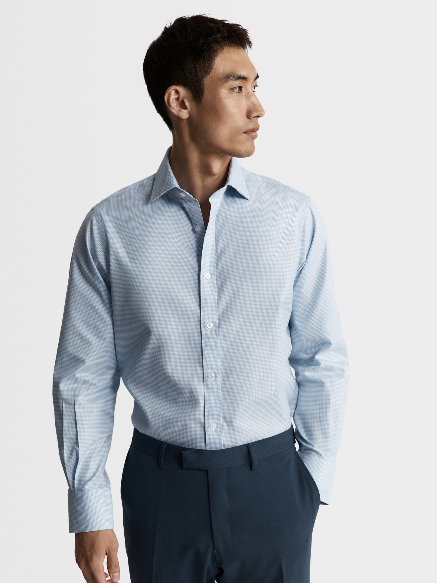 Non-Iron Light Blue Mini Dogtooth Plain Weave Fitted Single Cuff Semi Cutaway Collar Shirt