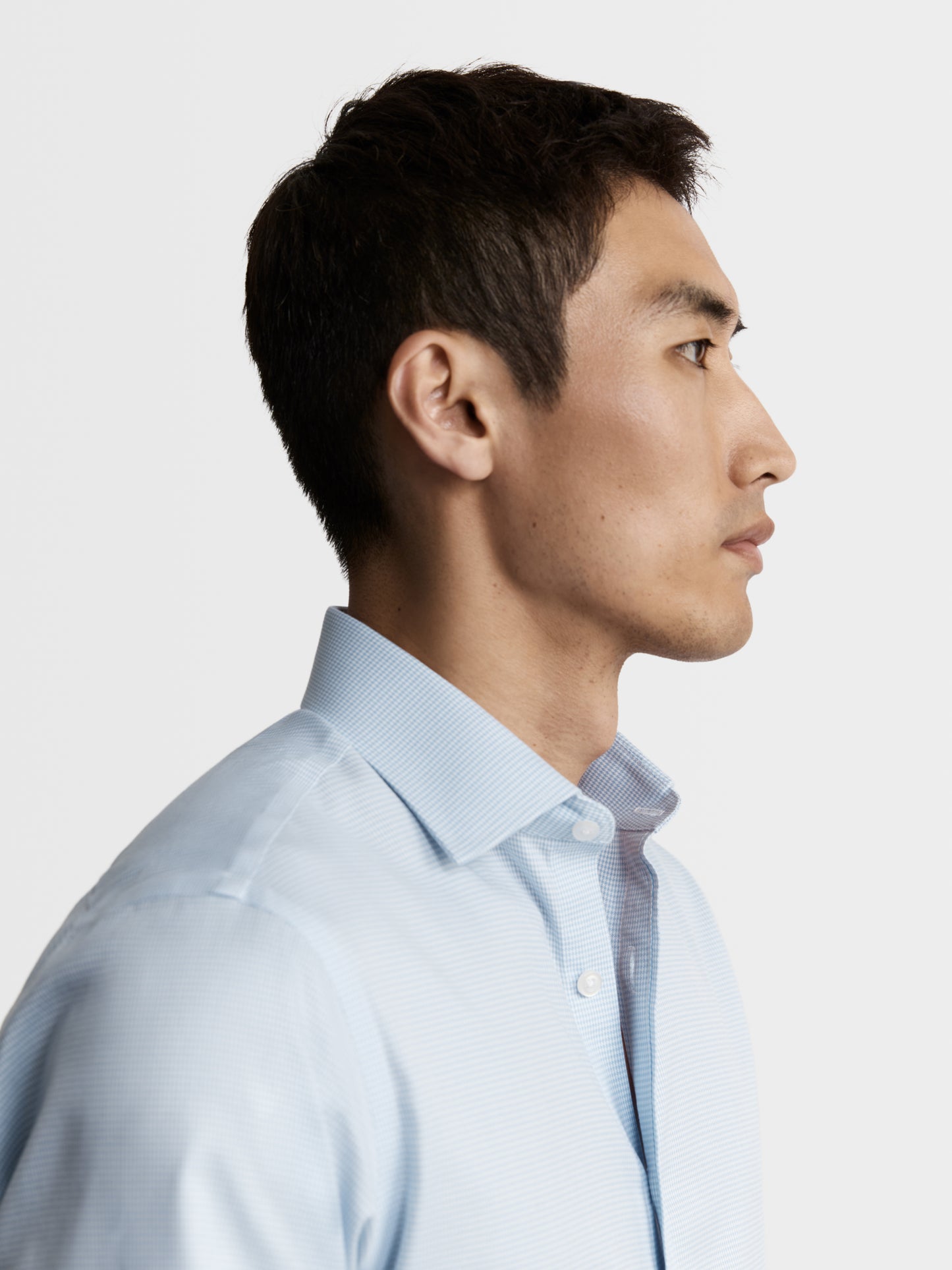 Non-Iron Light Blue Mini Dogtooth Plain Weave Fitted Single Cuff Semi Cutaway Collar Shirt