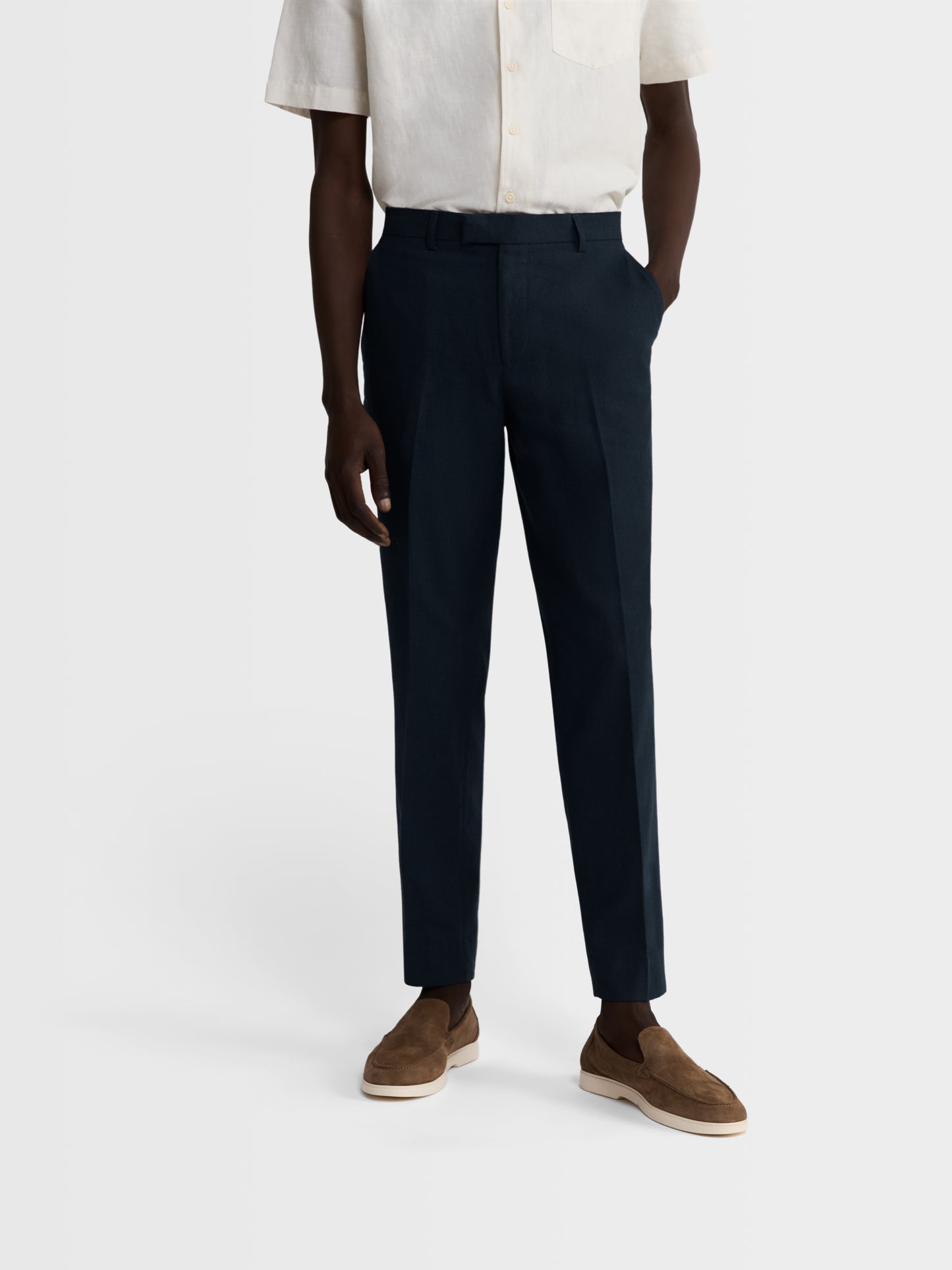 Image 1 of Slim Fit Linen Suit Trousers in Navy