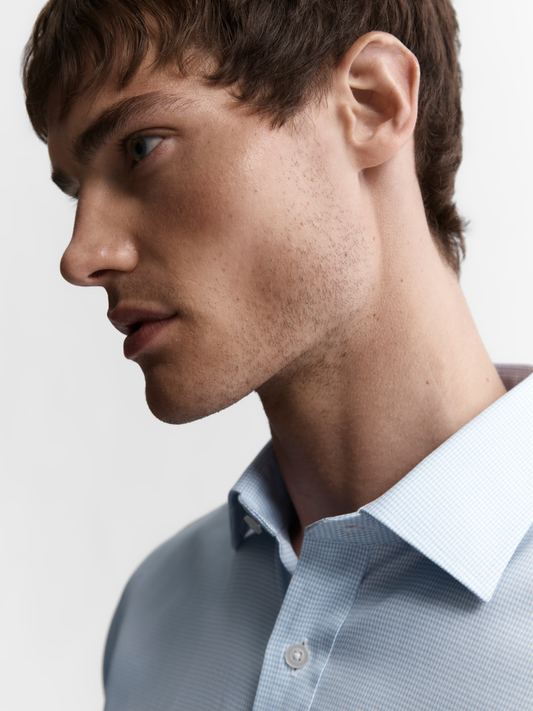 Image 1 of Non-Iron Light Blue Mini Dogtooth Plain Weave Fitted Dual Cuff Classic Collar Shirt