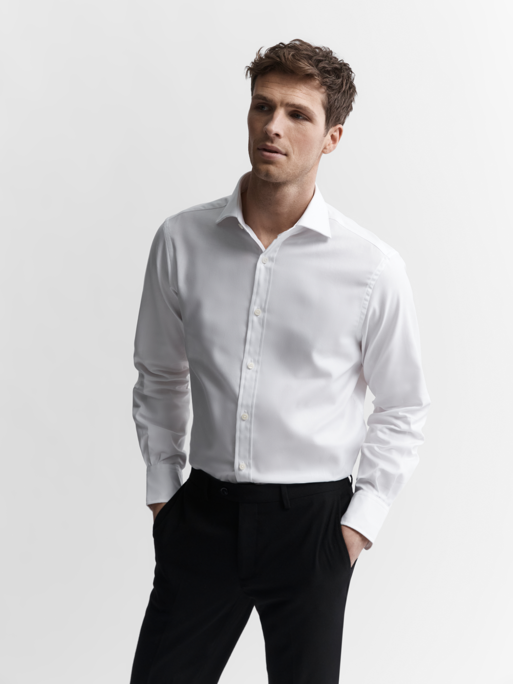 Image 1 of White Fine Twill Slim Fit Single Cuff Classic Collar Shirt