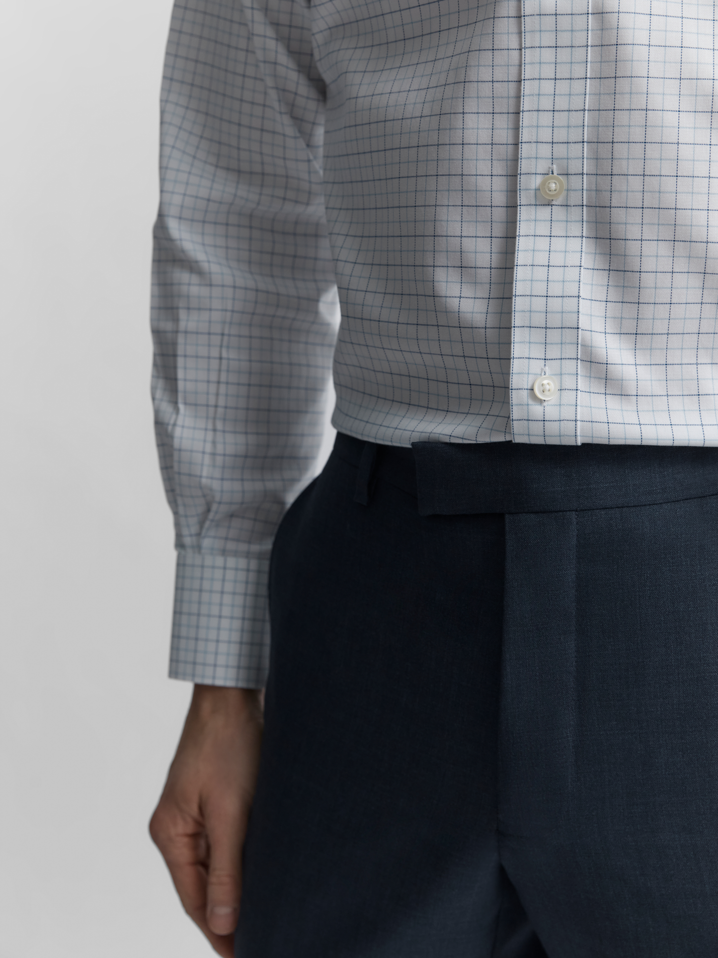 Image 3 of Non-Iron Navy & Blue Double Check Oxford Slim Fit Single Cuff Classic Collar Shirt
