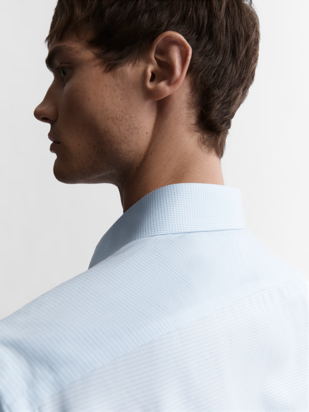 Image 3 of Non-Iron Light Blue Mini Dogtooth Plain Weave Super Fitted Dual Cuff Classic Collar Shirt