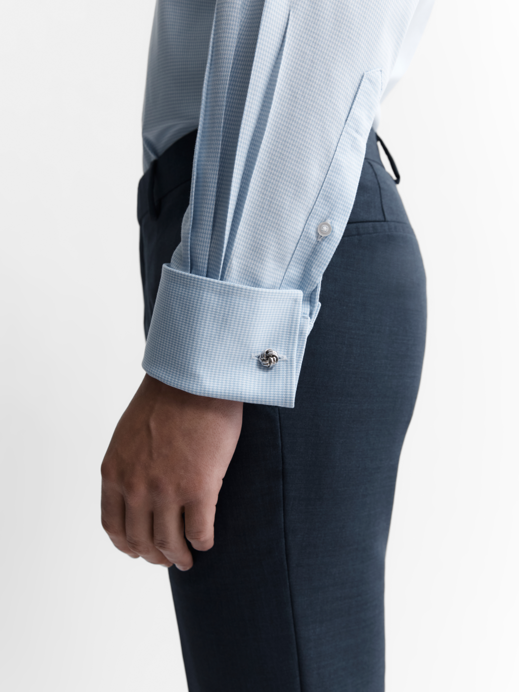 Image 4 of Non-Iron Light Blue Mini Dogtooth Plain Weave Regular Fit Dual Cuff Classic Collar Shirt
