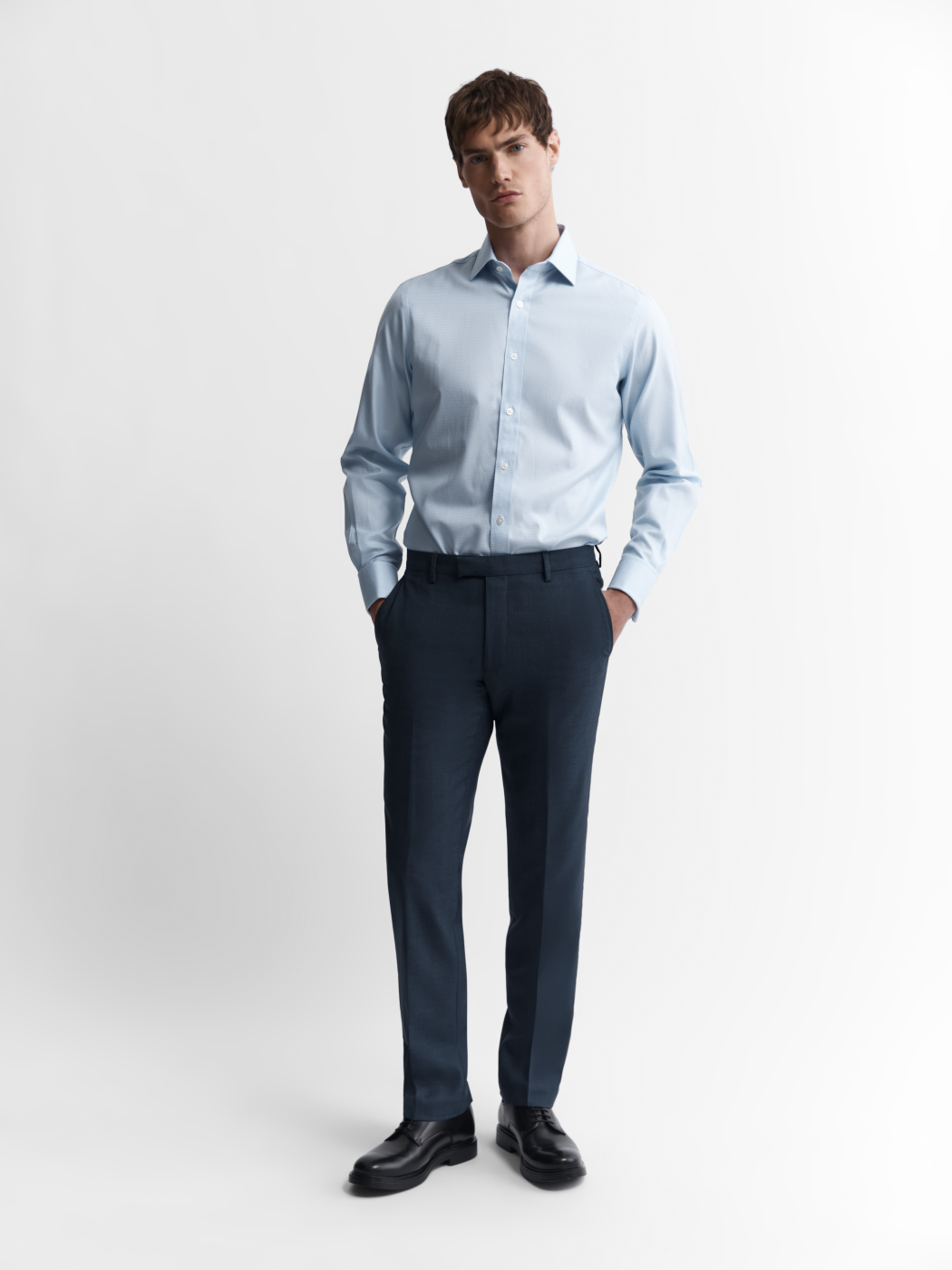 Image 6 of Non-Iron Light Blue Mini Dogtooth Plain Weave Regular Fit Dual Cuff Classic Collar Shirt