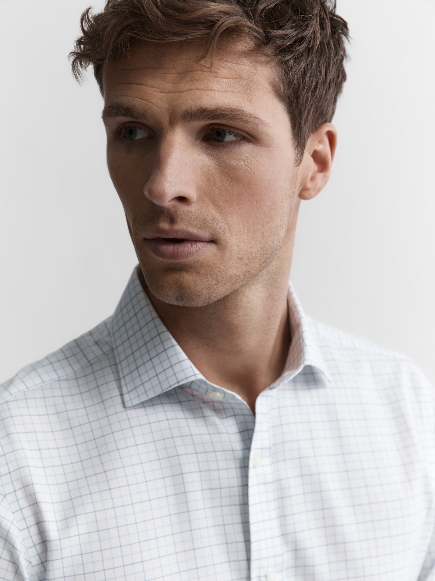 Image 1 of Non-Iron Navy & Blue Double Check Oxford Fitted Single Cuff Classic Collar Shirt