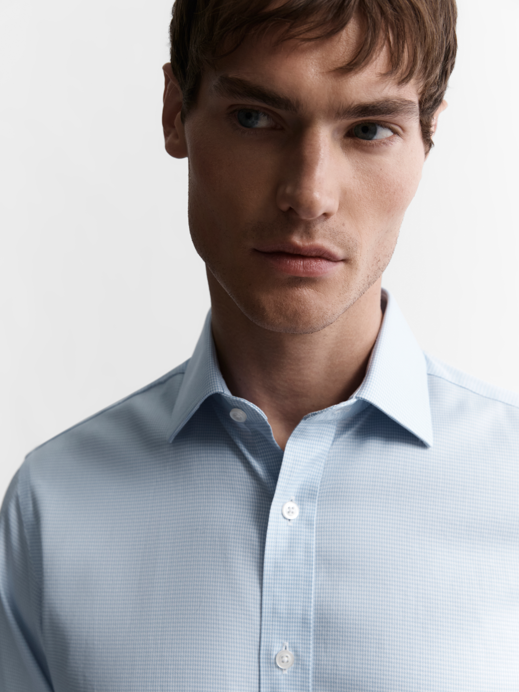Image 2 of Non-Iron Light Blue Mini Dogtooth Plain Weave Super Fitted Dual Cuff Classic Collar Shirt
