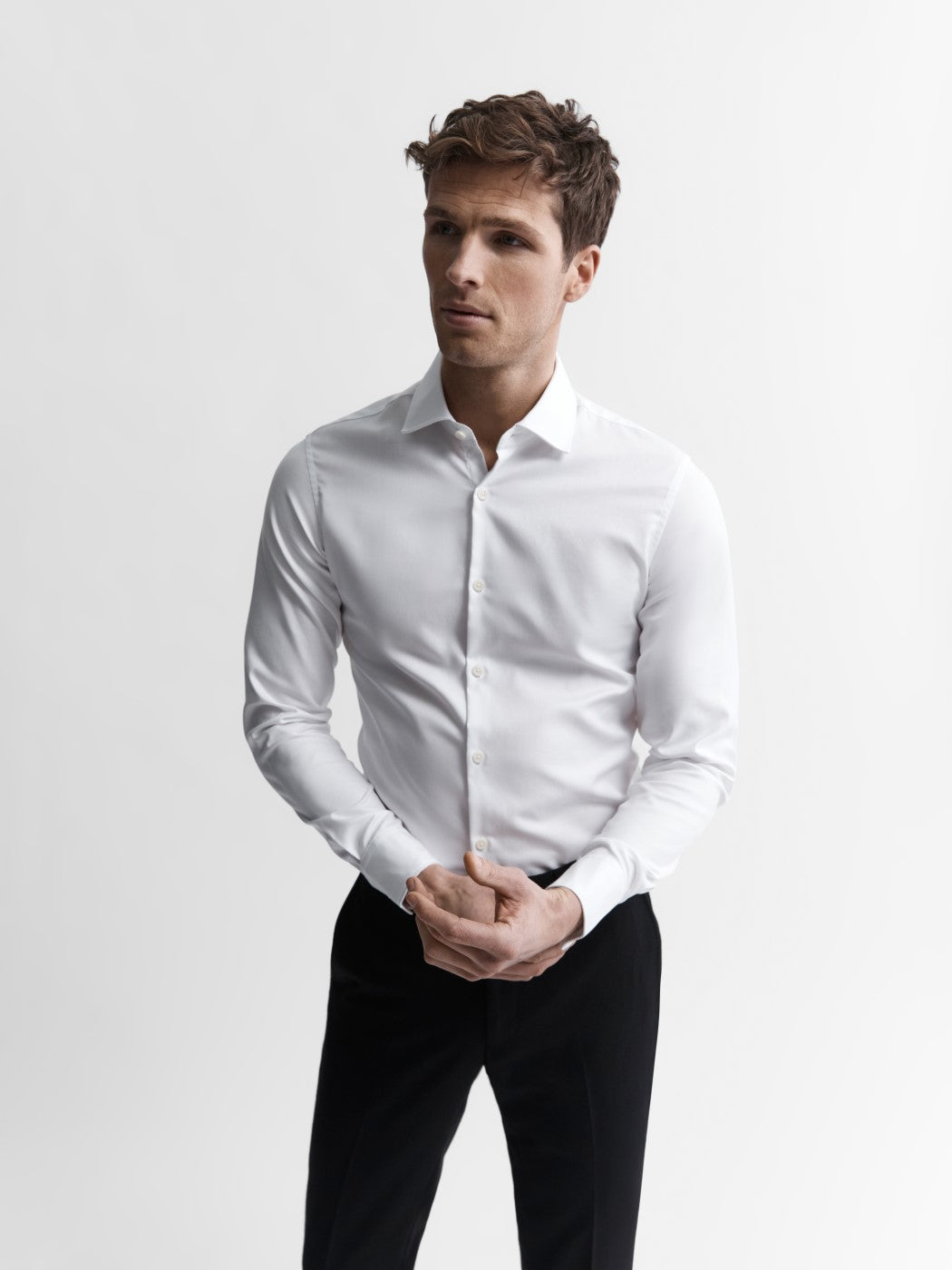 Non-Iron White Twill Super Fitted Double Cuff Classic Collar Shirt