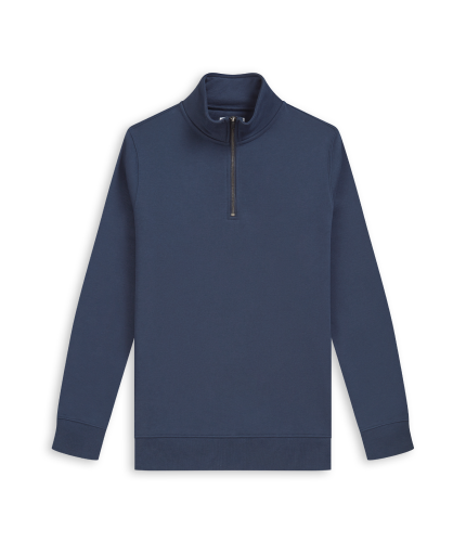 Flat lay shot of a navy blue quarter zip sweatshirt