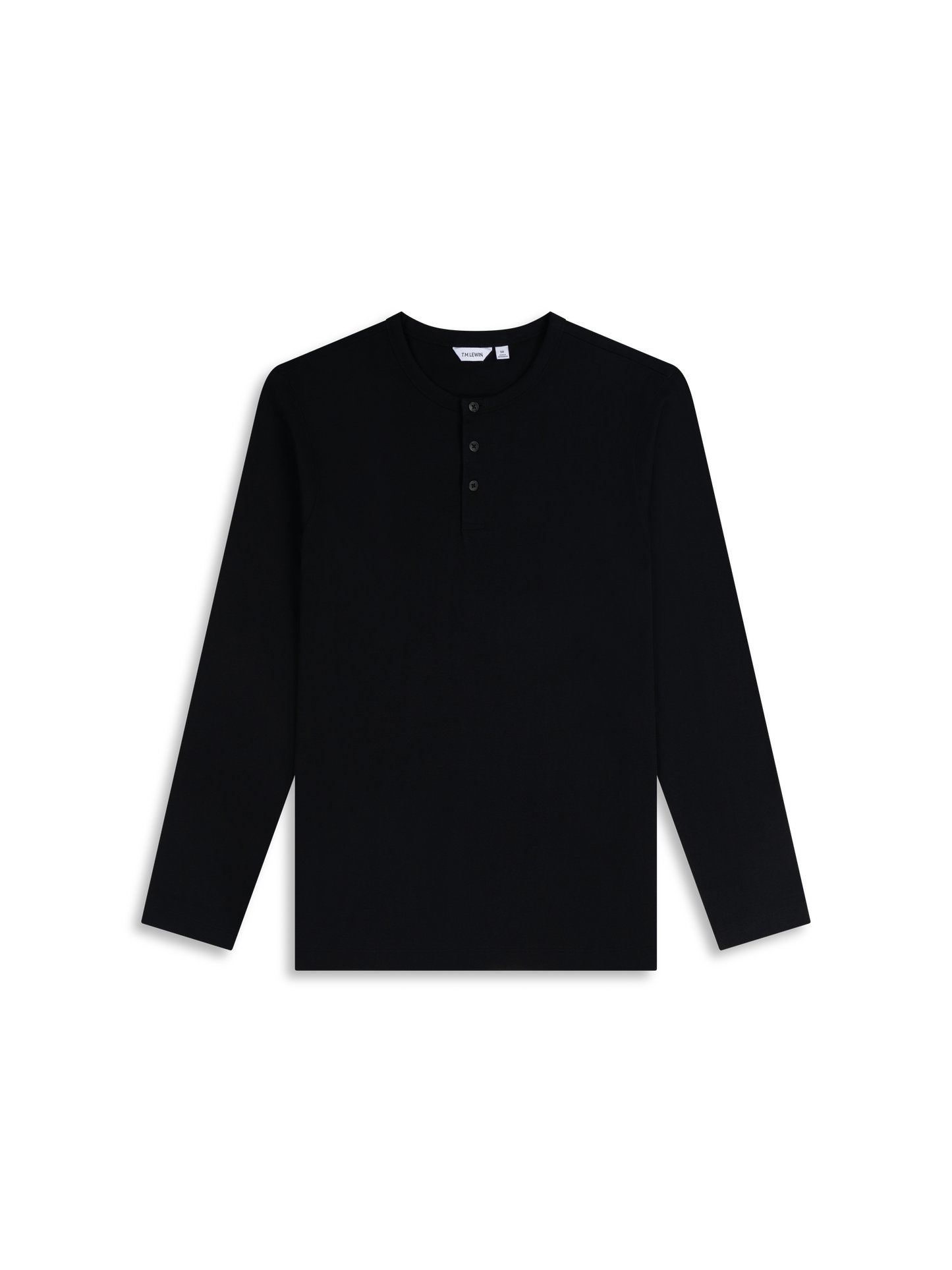 Flat lay shot of a black long-sleeve henley shirt