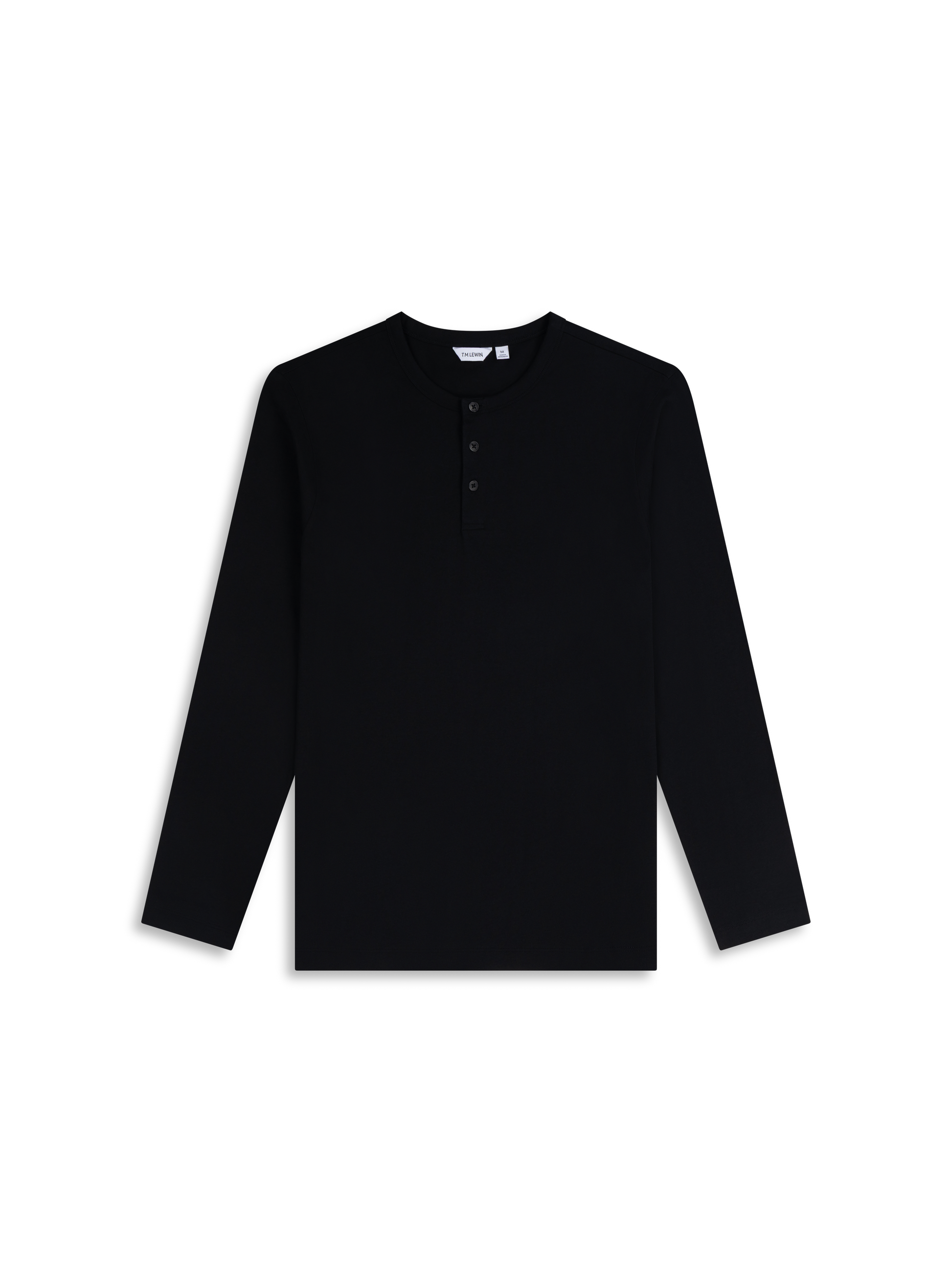 Flat lay shot of a black long-sleeve henley shirt