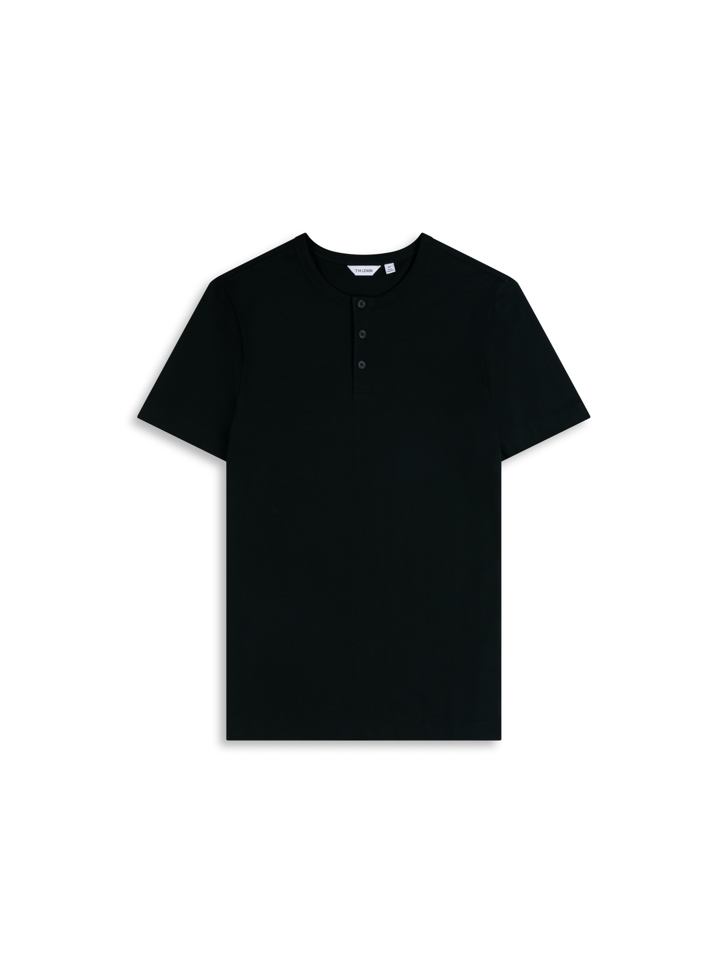 Flat lay shot of a black short-sleeve henley shirt