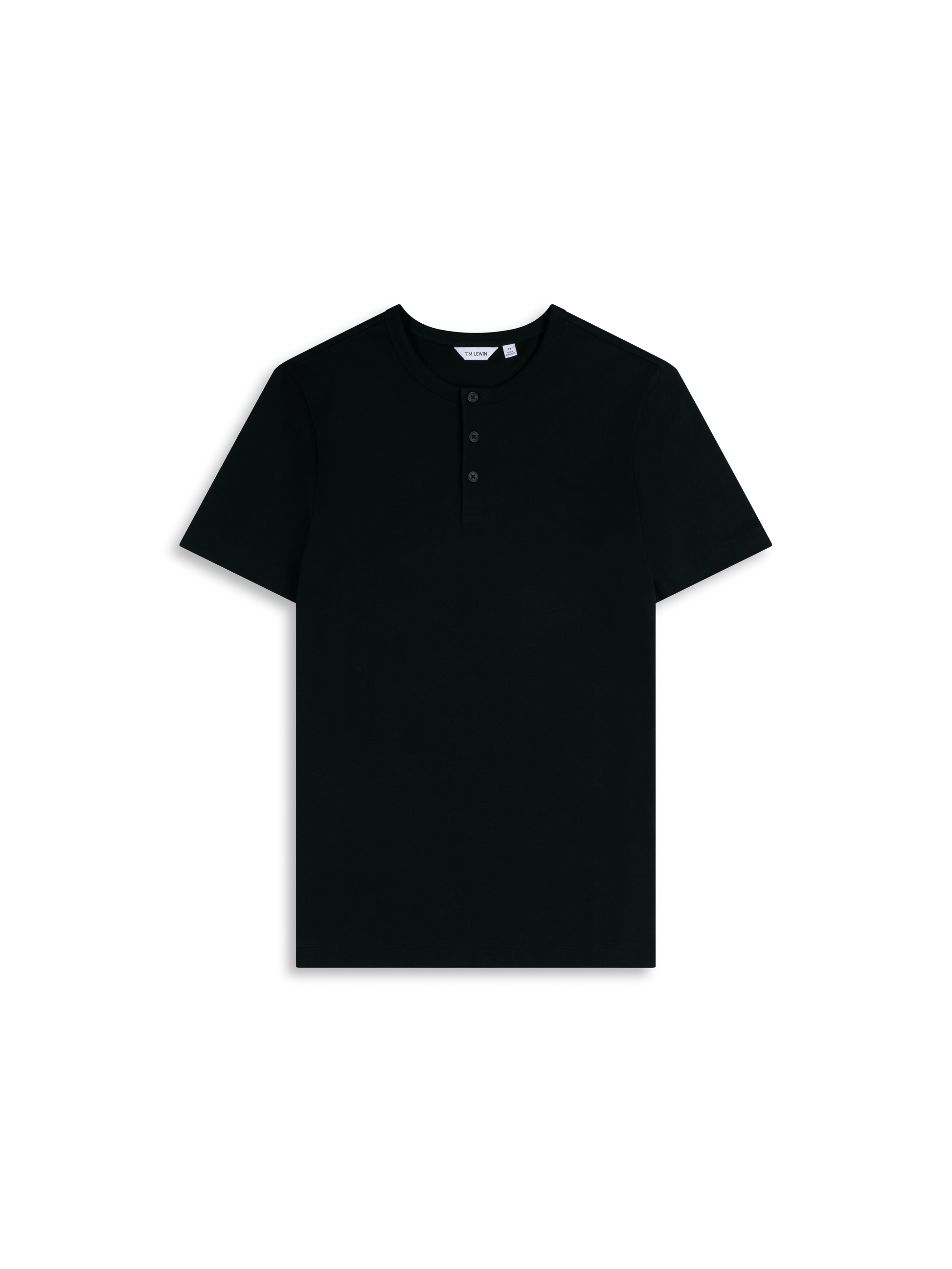 Flat lay shot of a black short-sleeve henley shirt