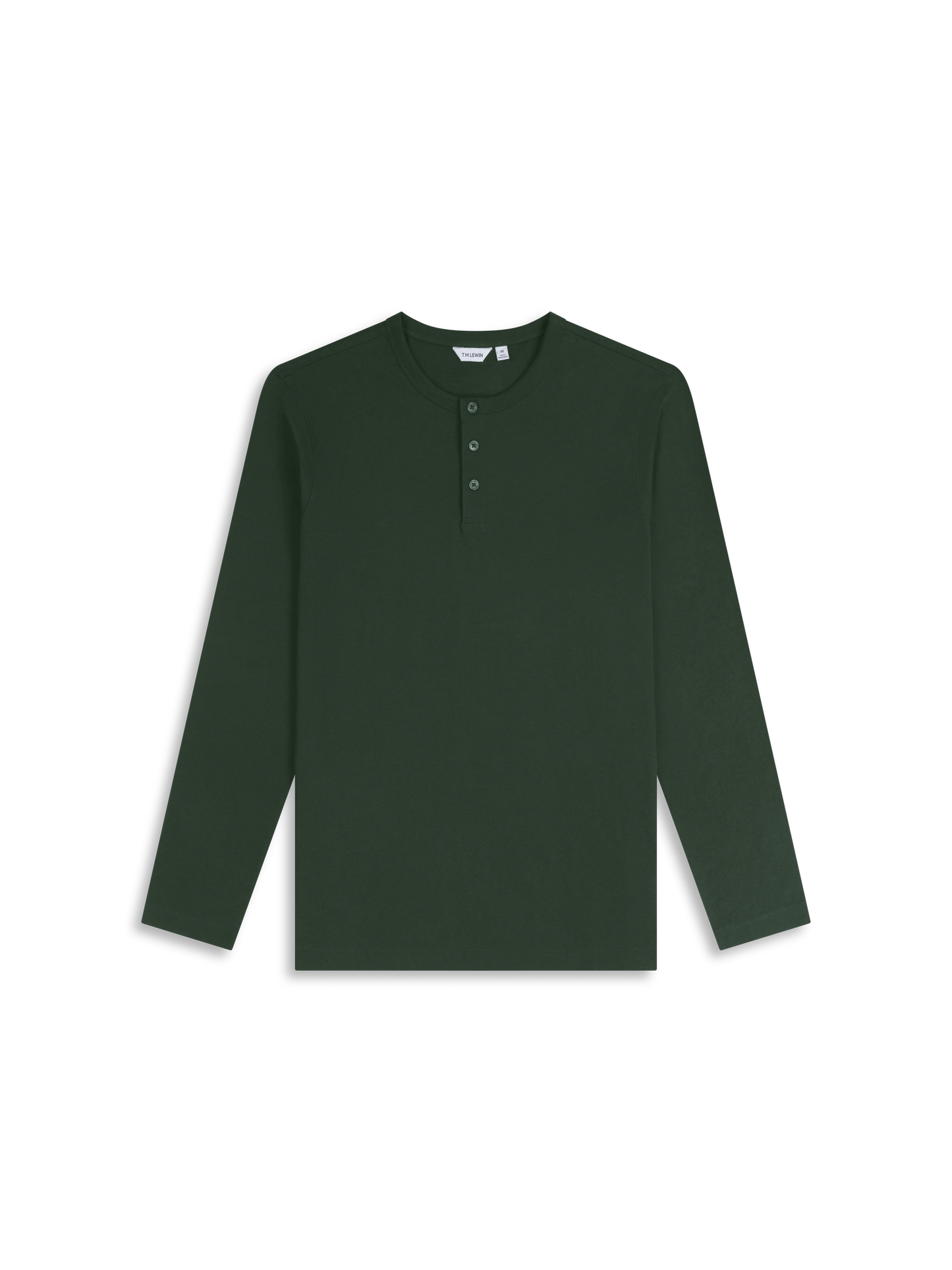 Flat lay shot of a emerald green long-sleeve henley shirt