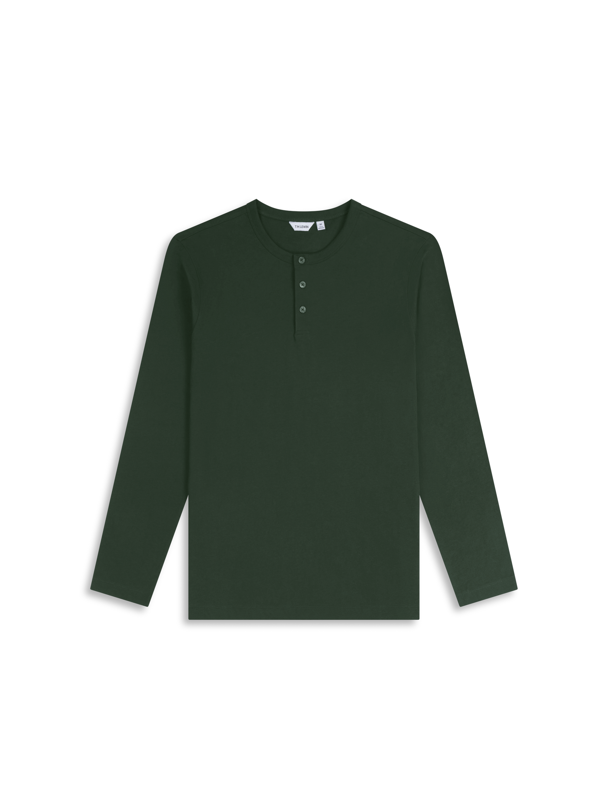 Flat lay shot of a emerald green long-sleeve henley shirt