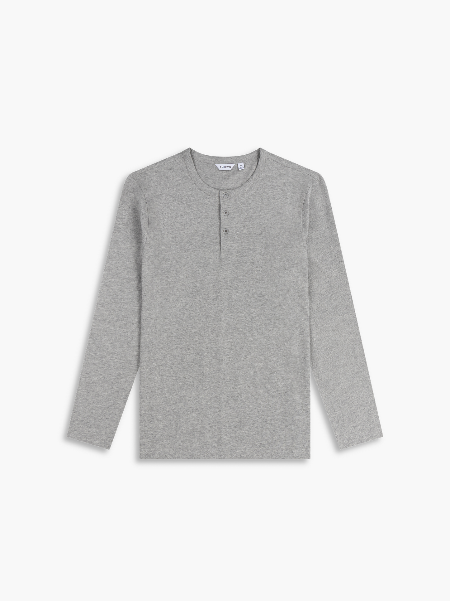 Flat lay shot of a grey long-sleeve henley shirt