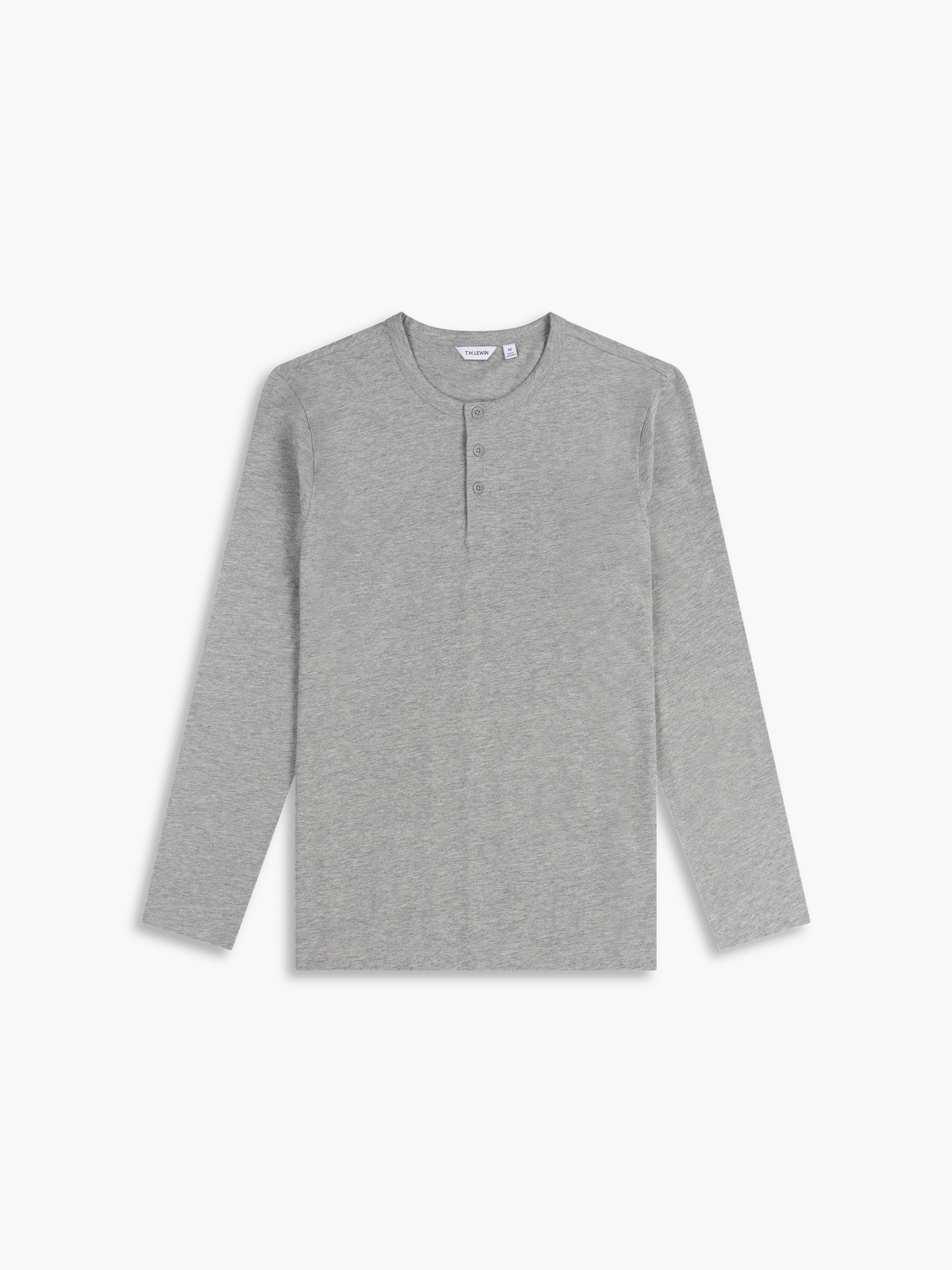 Flat lay shot of a grey long-sleeve henley shirt