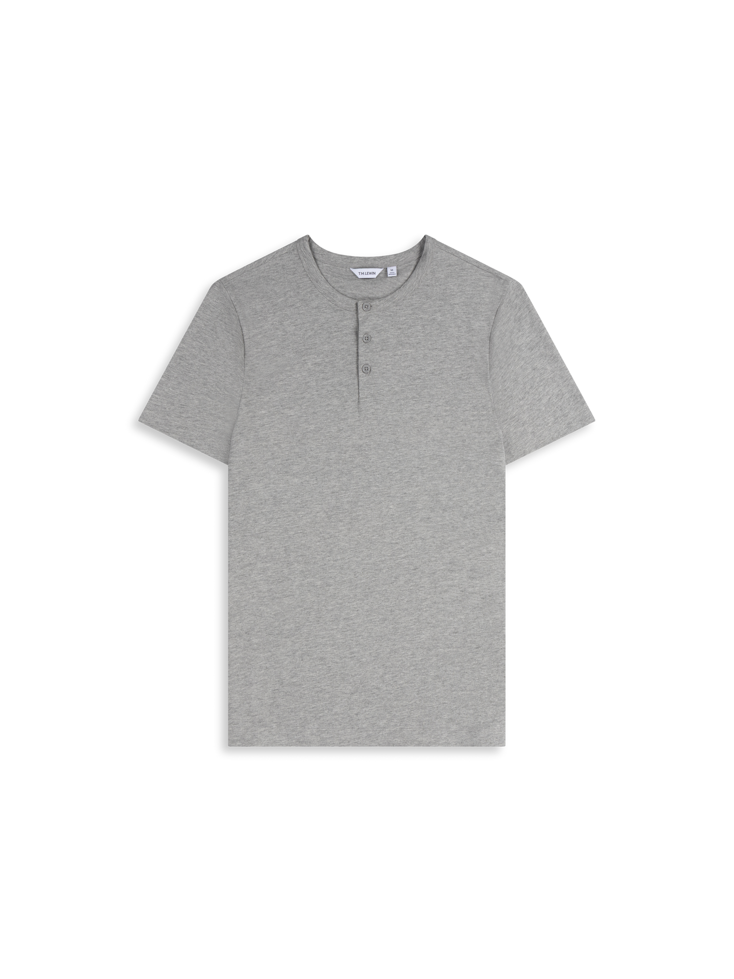 Flat lay shot of a grey short-sleeve henley shirt
