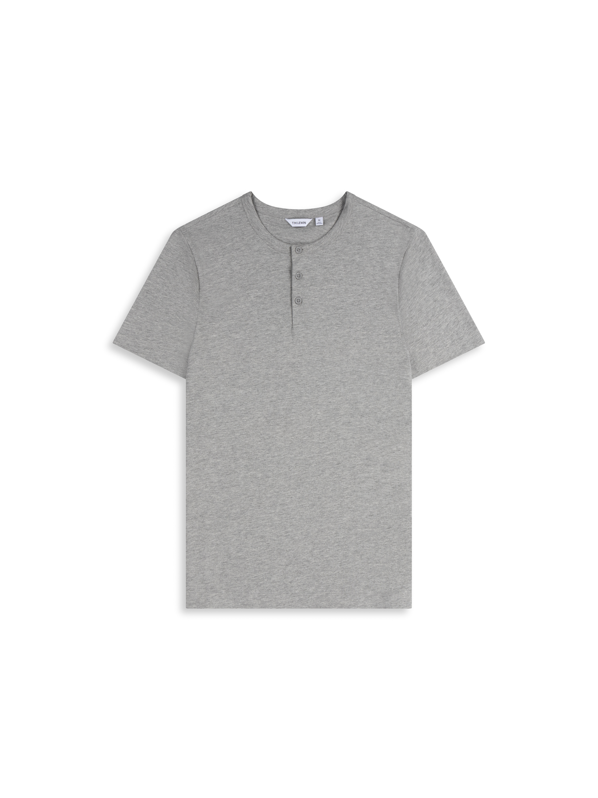 Flat lay shot of a grey short-sleeve henley shirt