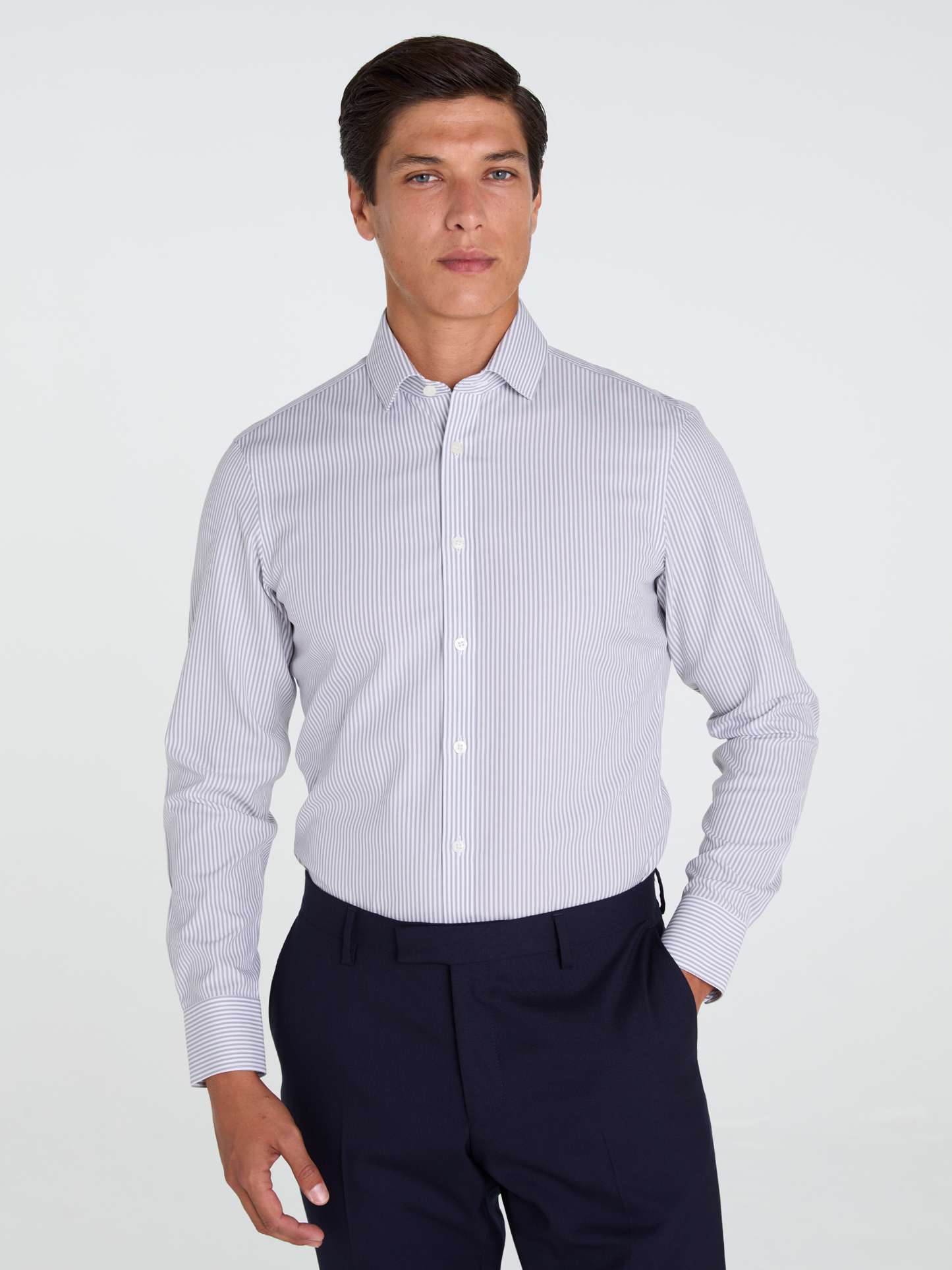Non-Iron Bengal Stripe Grey Poplin Slim Fit Single Cuff Classic Collar Shirt