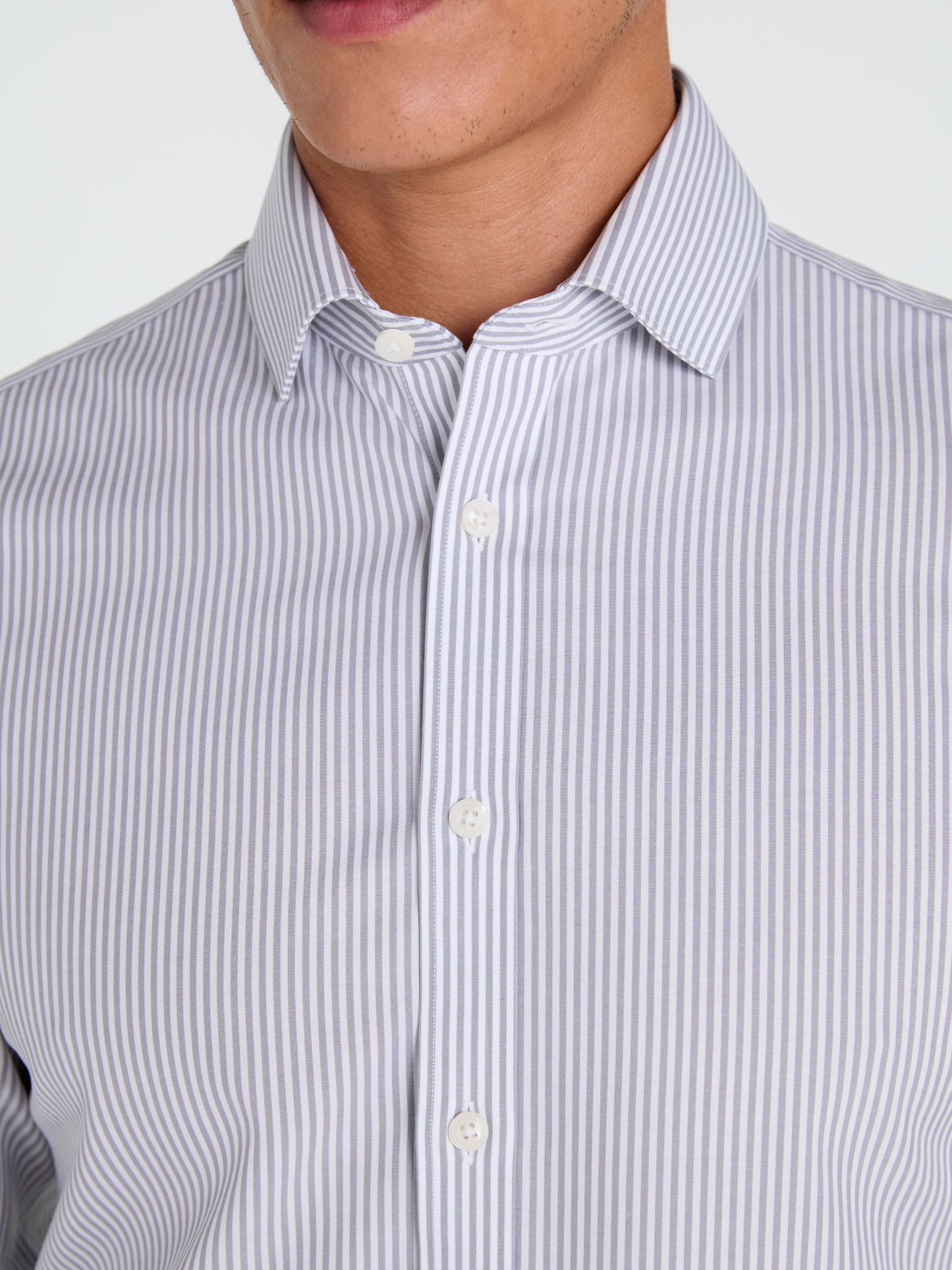 Non-Iron Bengal Stripe Grey Poplin Slim Fit Single Cuff Classic Collar Shirt