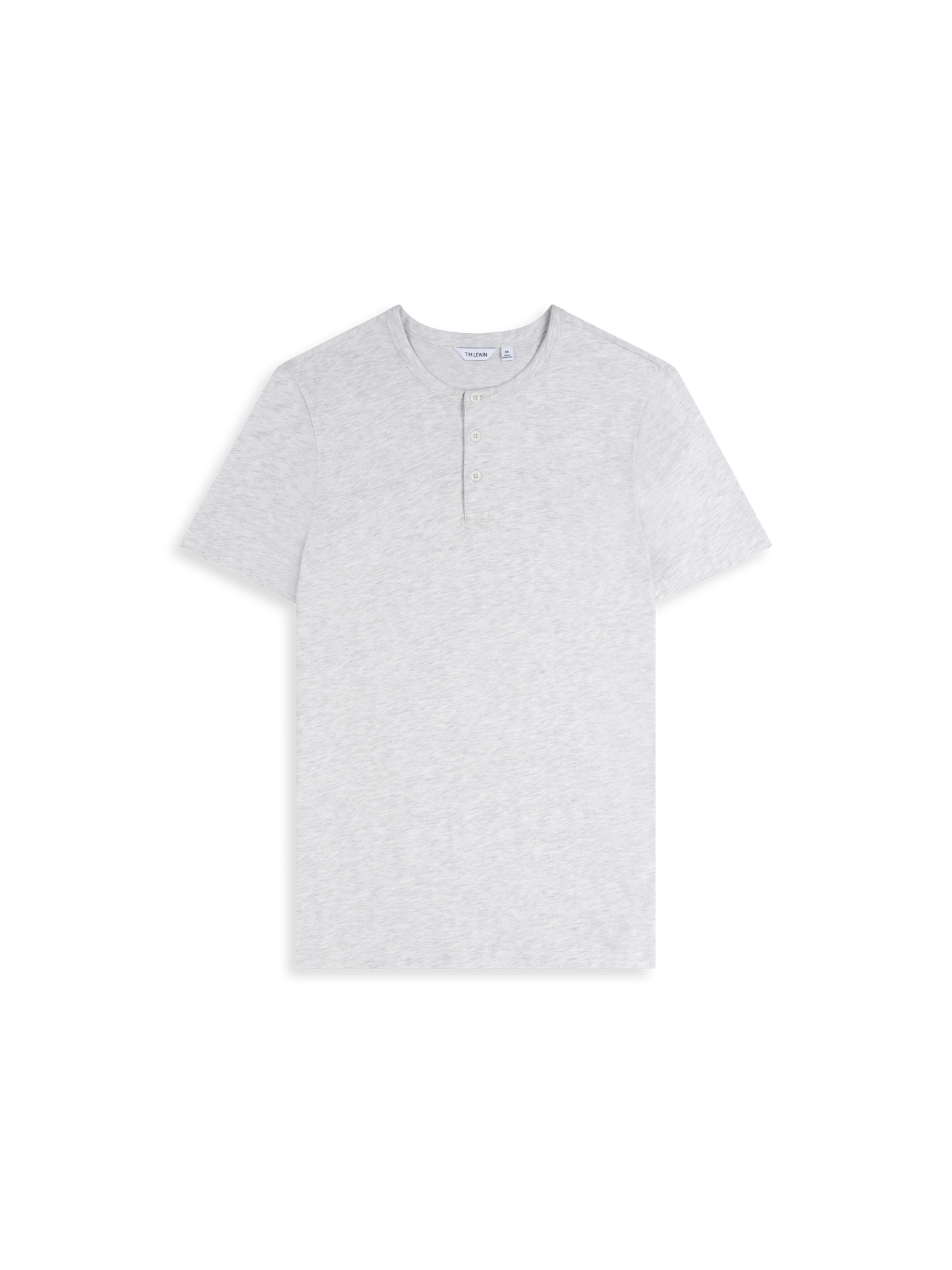 Flat lay shot of a light grey short-sleeve henley shirt