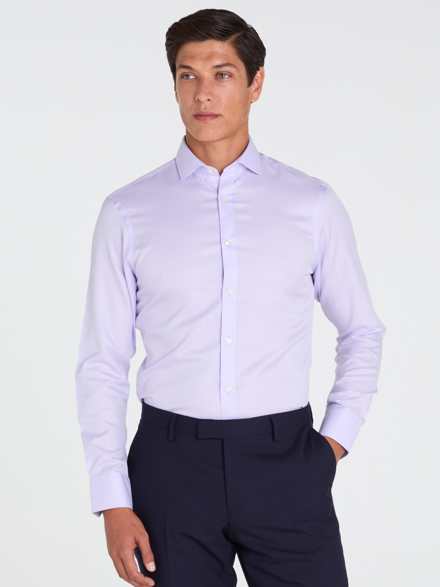Non-Iron Lilac Horizontal Herringbone Fitted Single Cuff Semi-Cutaway Collar Shirt