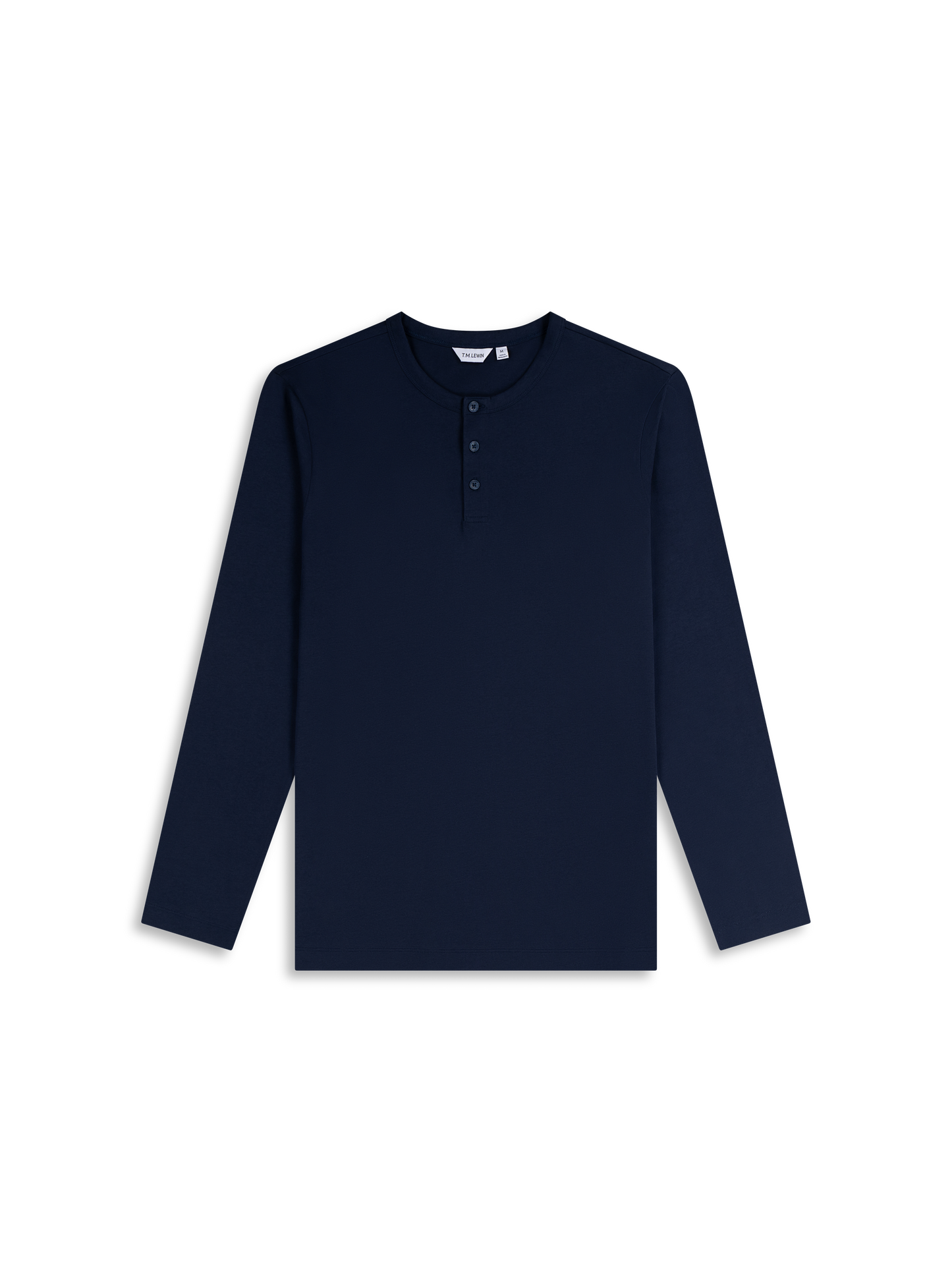 Flat lay shot of a navy blue long-sleeve henley shirt