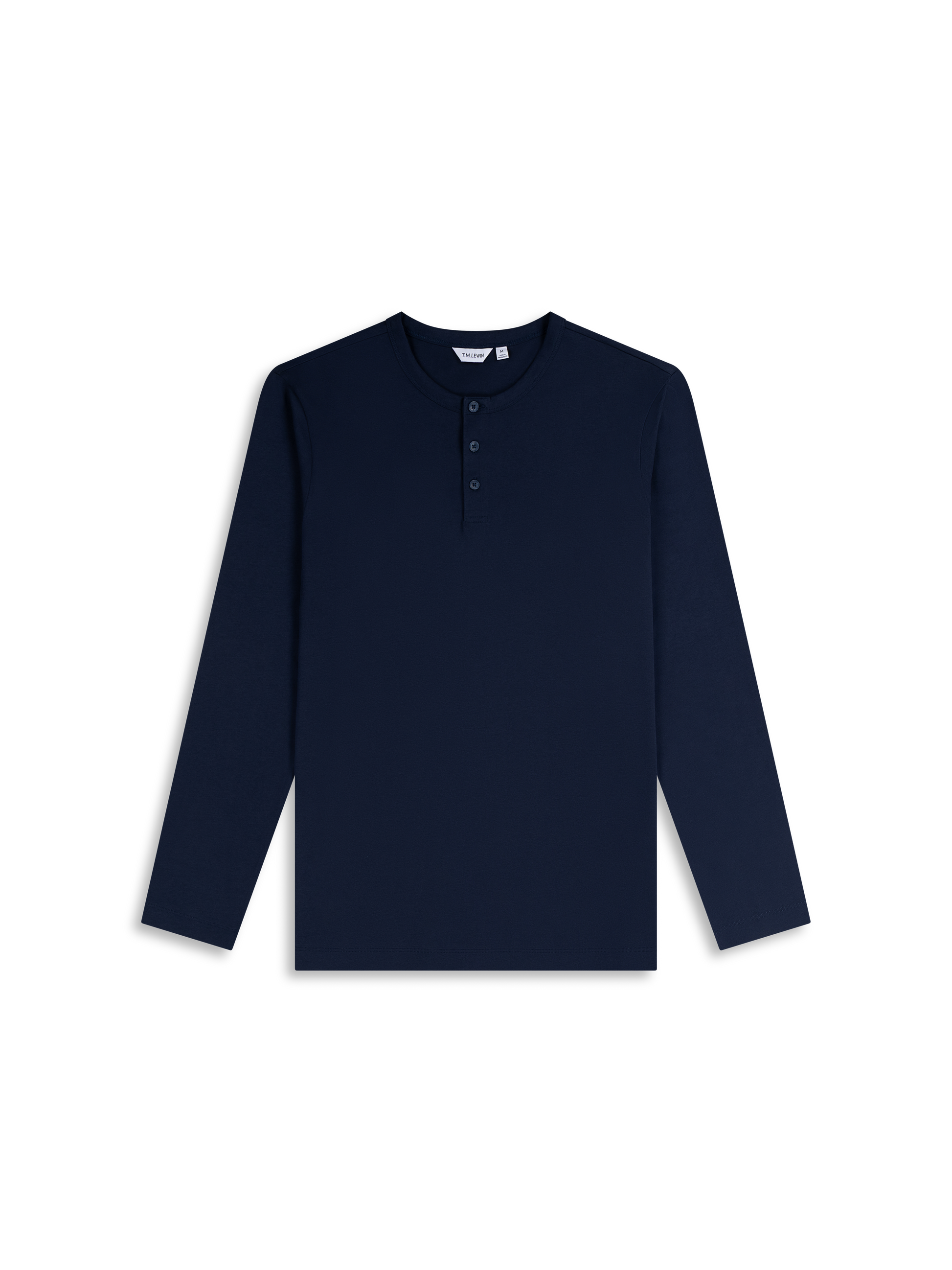 Flat lay shot of a navy blue long-sleeve henley shirt