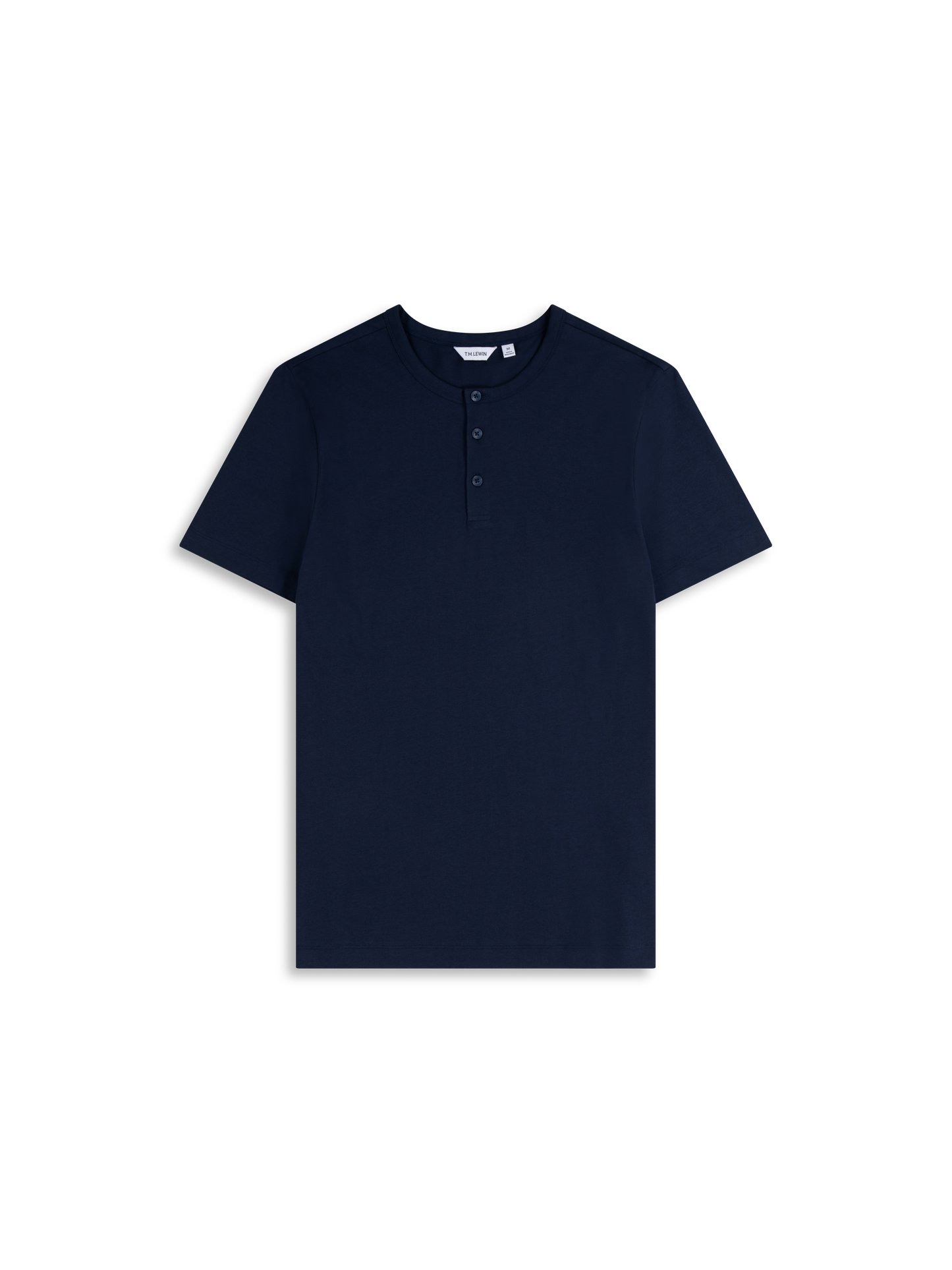 Flat lay shot of a navy blue short-sleeve henley shirt