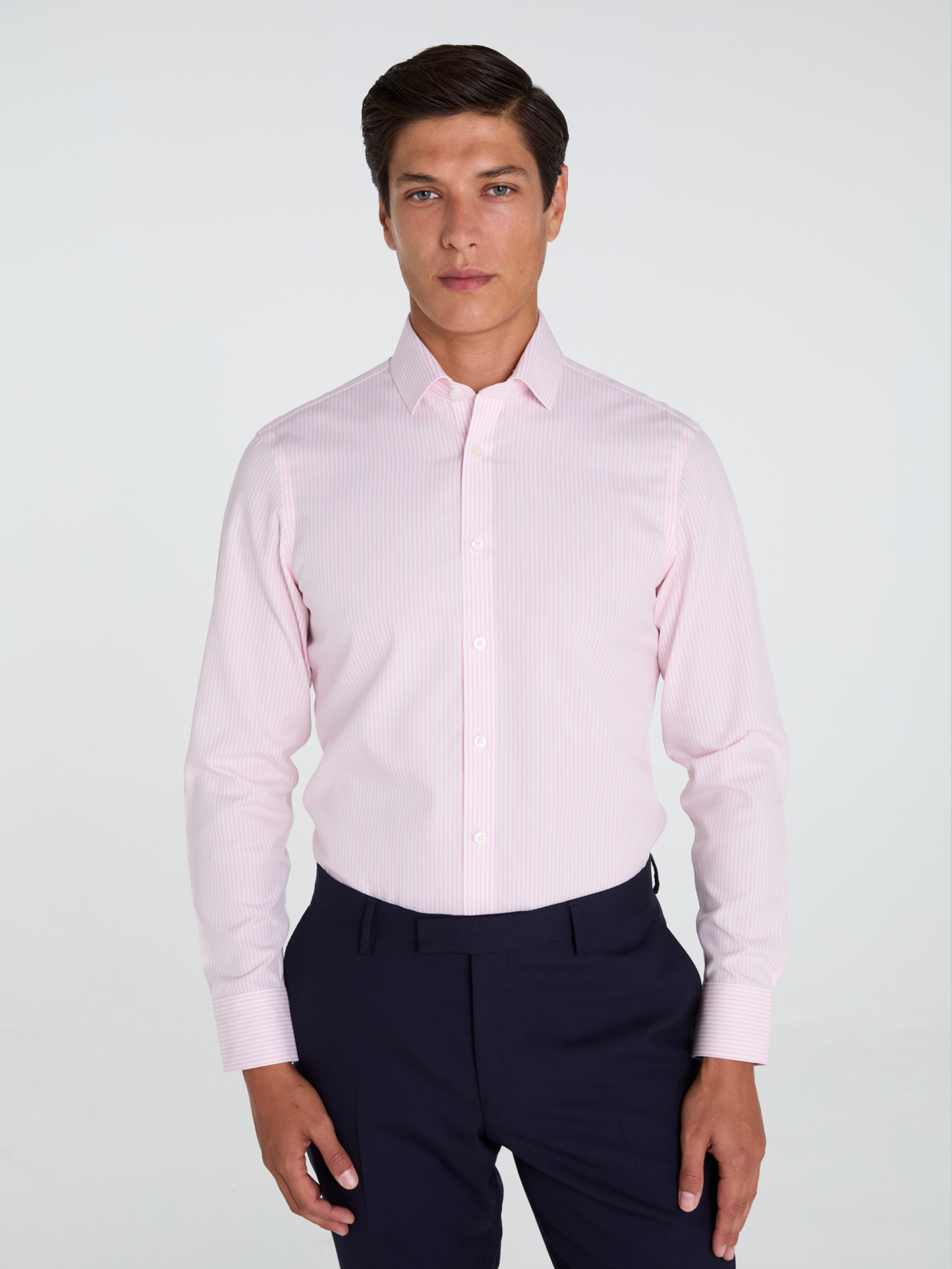 Non-Iron Bengal Stripe Light Pink Poplin Fitted Single Cuff Classic Collar Shirt