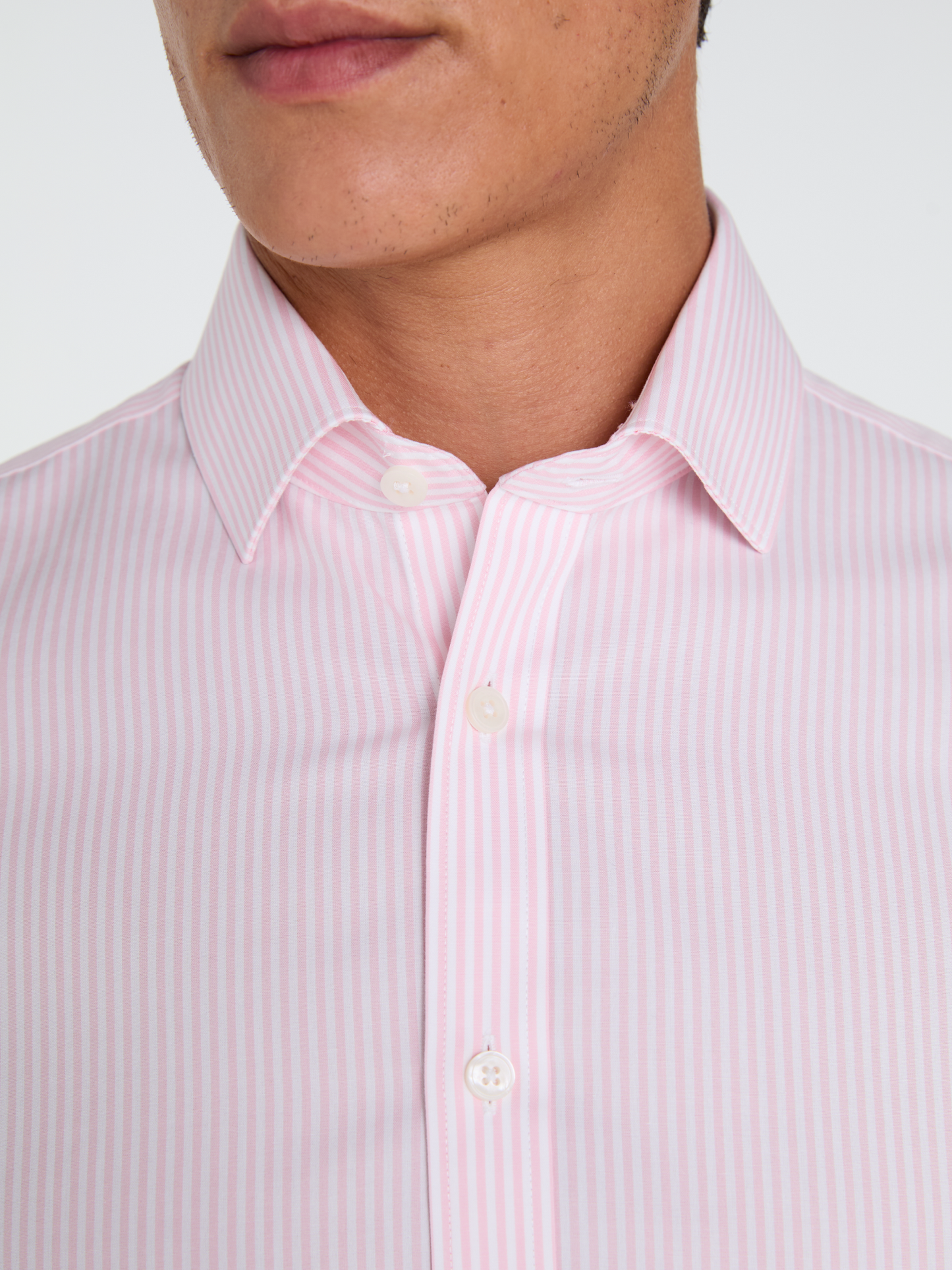 Non-Iron Bengal Stripe Light Pink Poplin Fitted Single Cuff Classic Collar Shirt