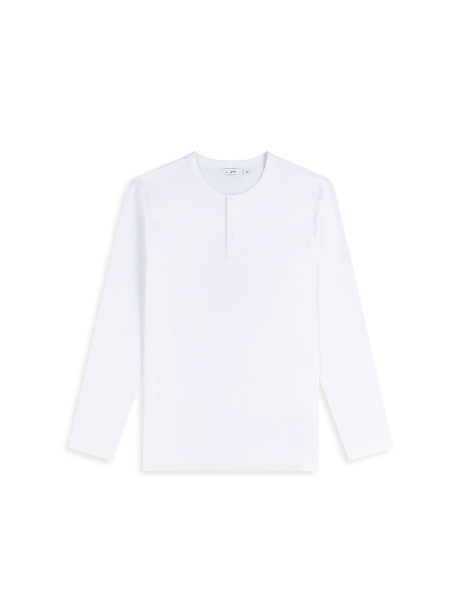 Flat lay shot of a white long-sleeve henley shirt