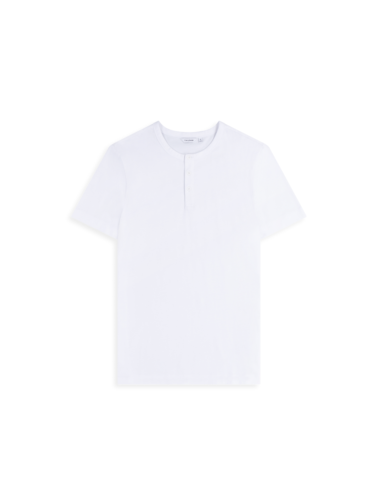 Flat lay shot of a white short-sleeve henley shirt