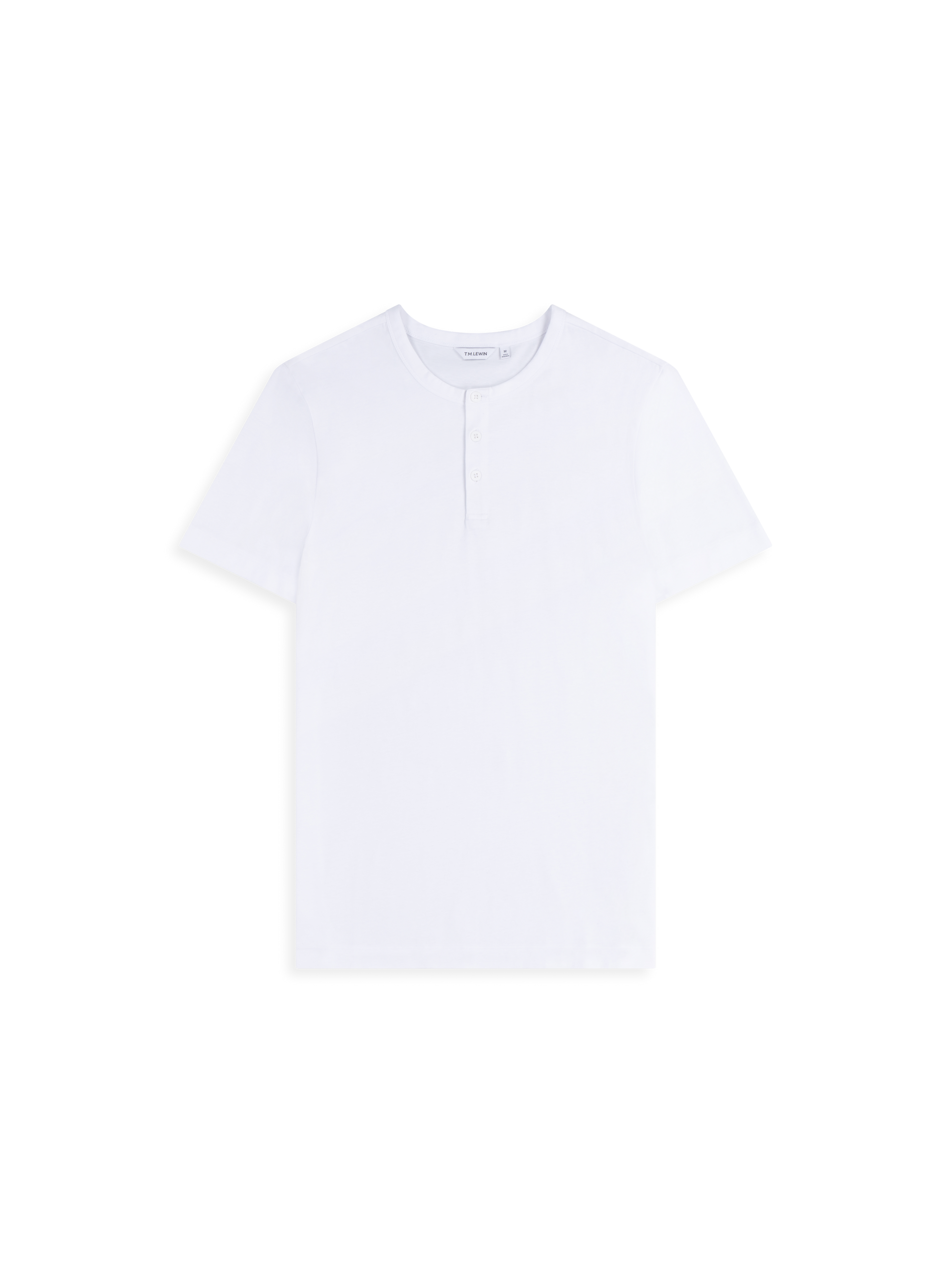 Flat lay shot of a white short-sleeve henley shirt