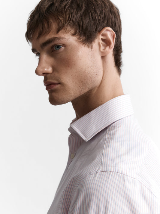 Image 1 of Easy To Iron Pink Edged Stripe Poplin Slim Fit Single Cuff Classic Collar Shirt