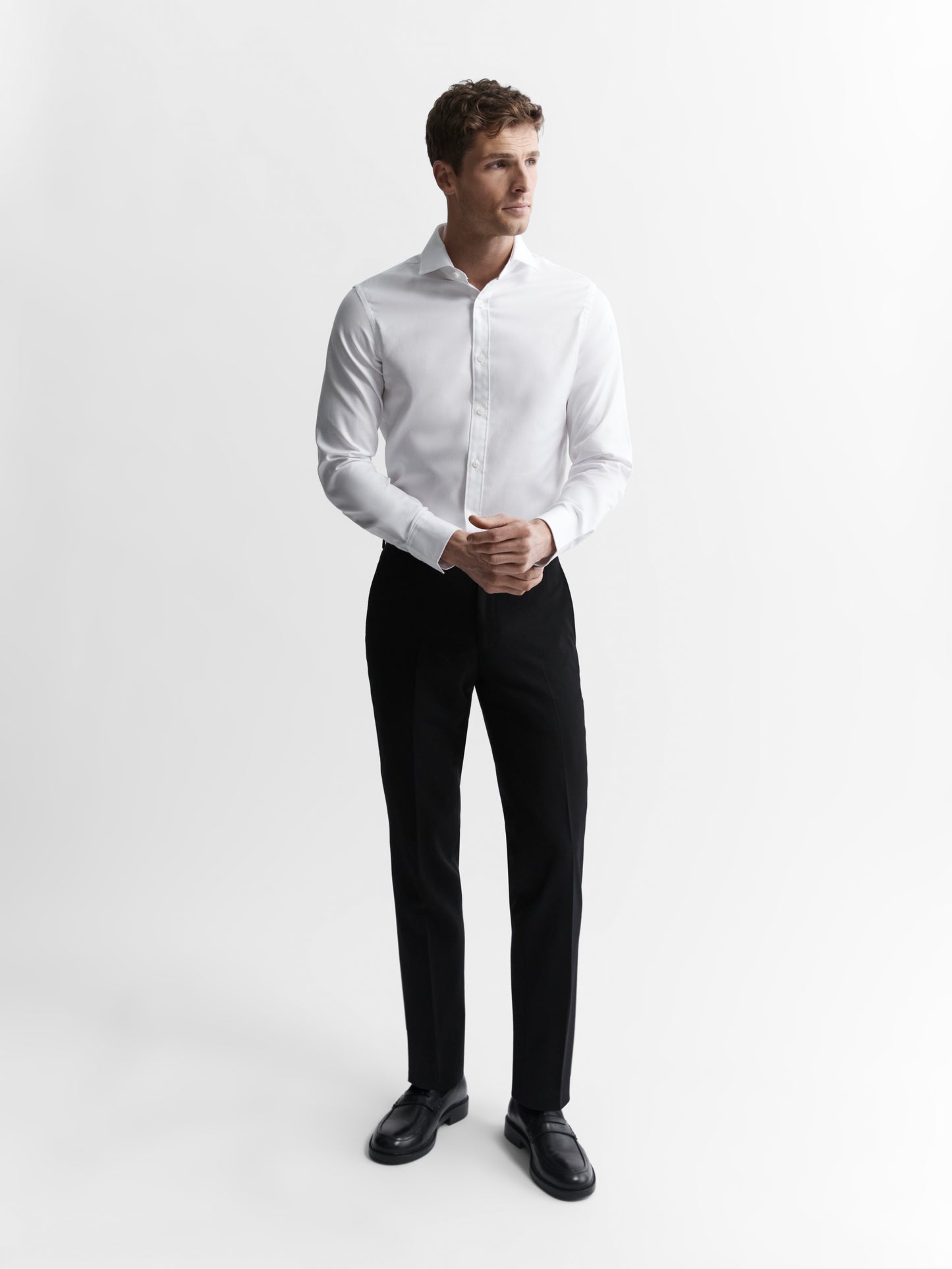 Image 1 of Easy To Iron White Plain Twill Stretch Slim Fit Single Cuff Cutaway Collar Shirt