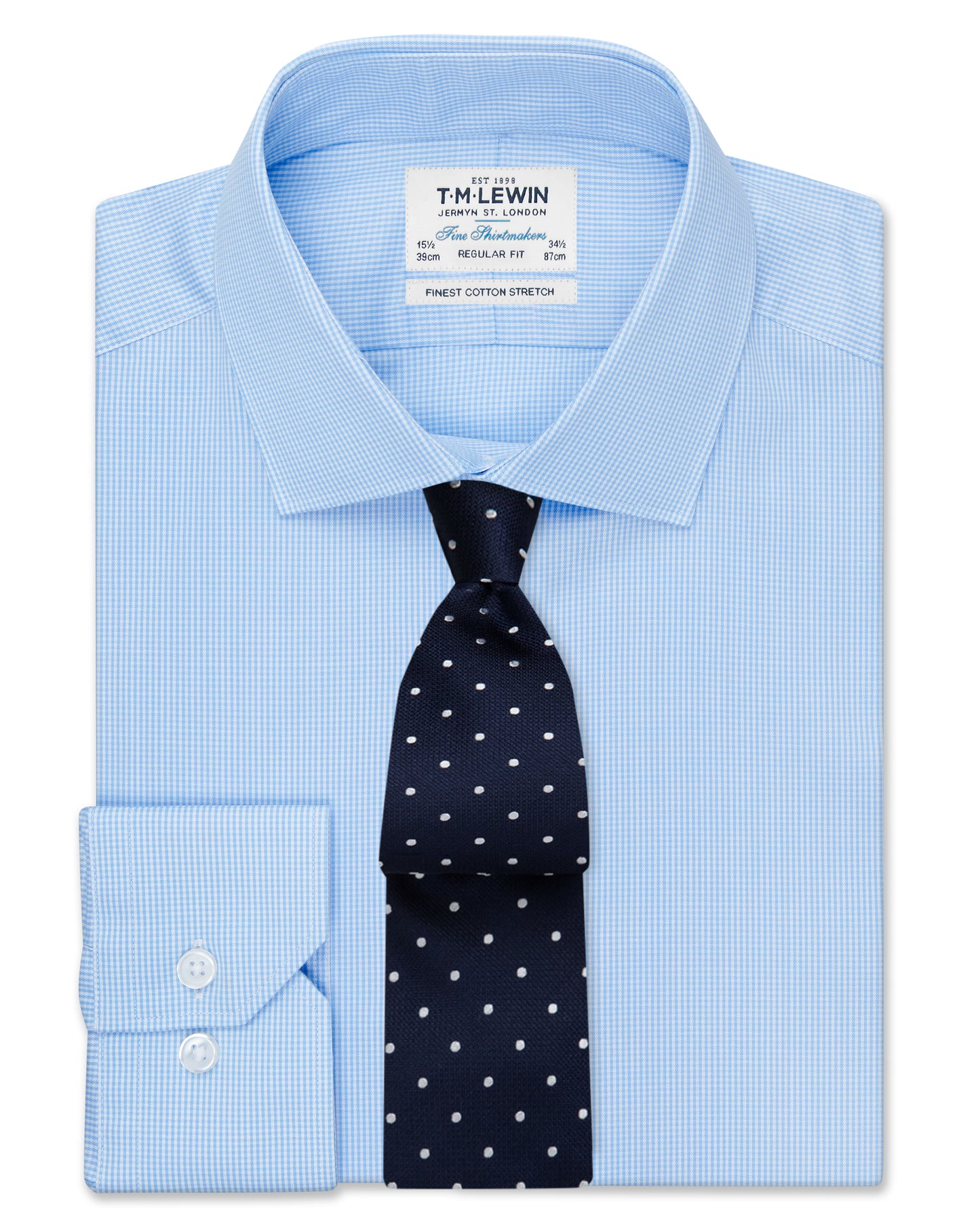 Image 1 of Blue Gingham Stretch Twill Regular Fit Single Cuff Classic Collar Shirt