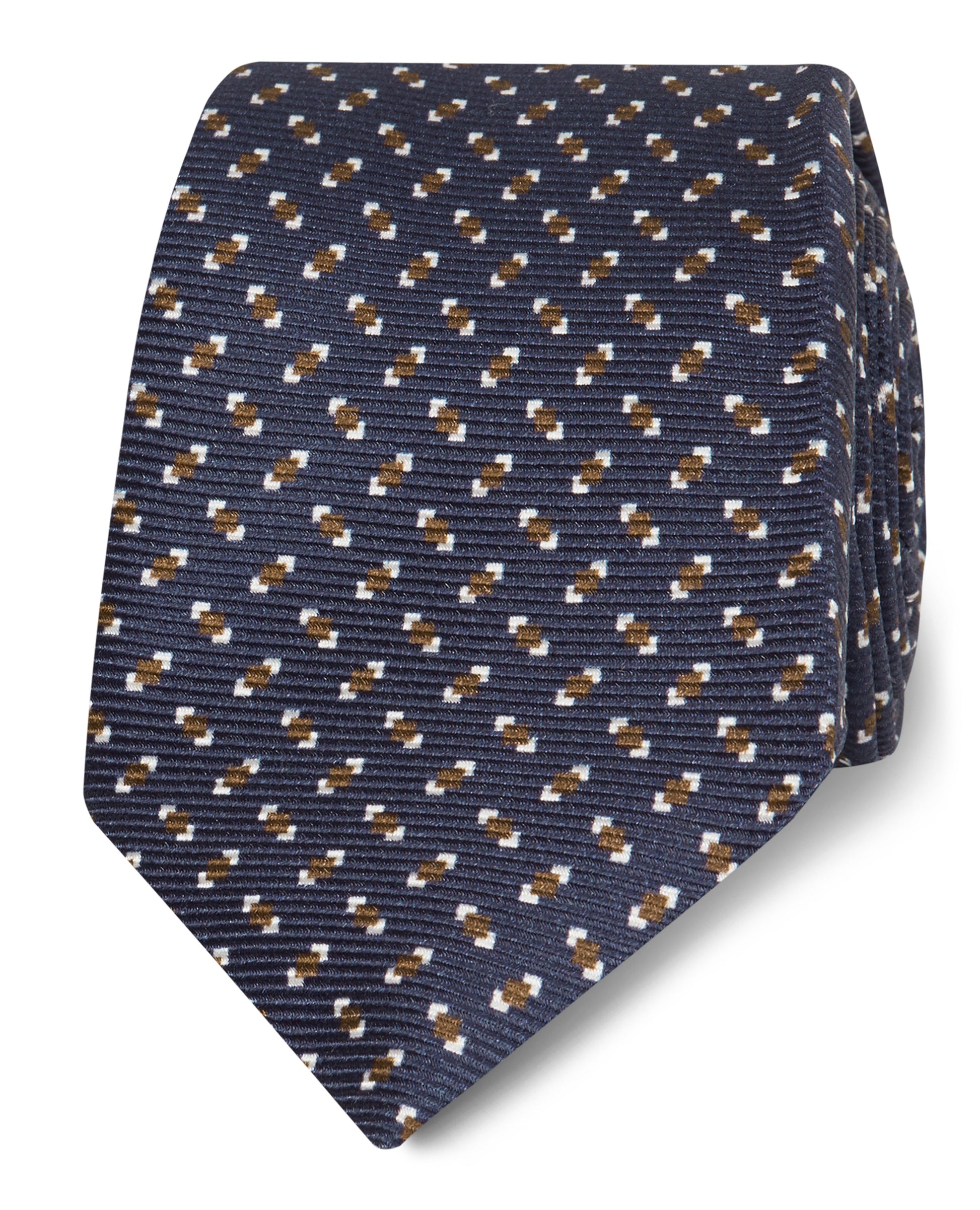 Image 1 of Navy and Brown Geometric Dash Silk Slim Tie