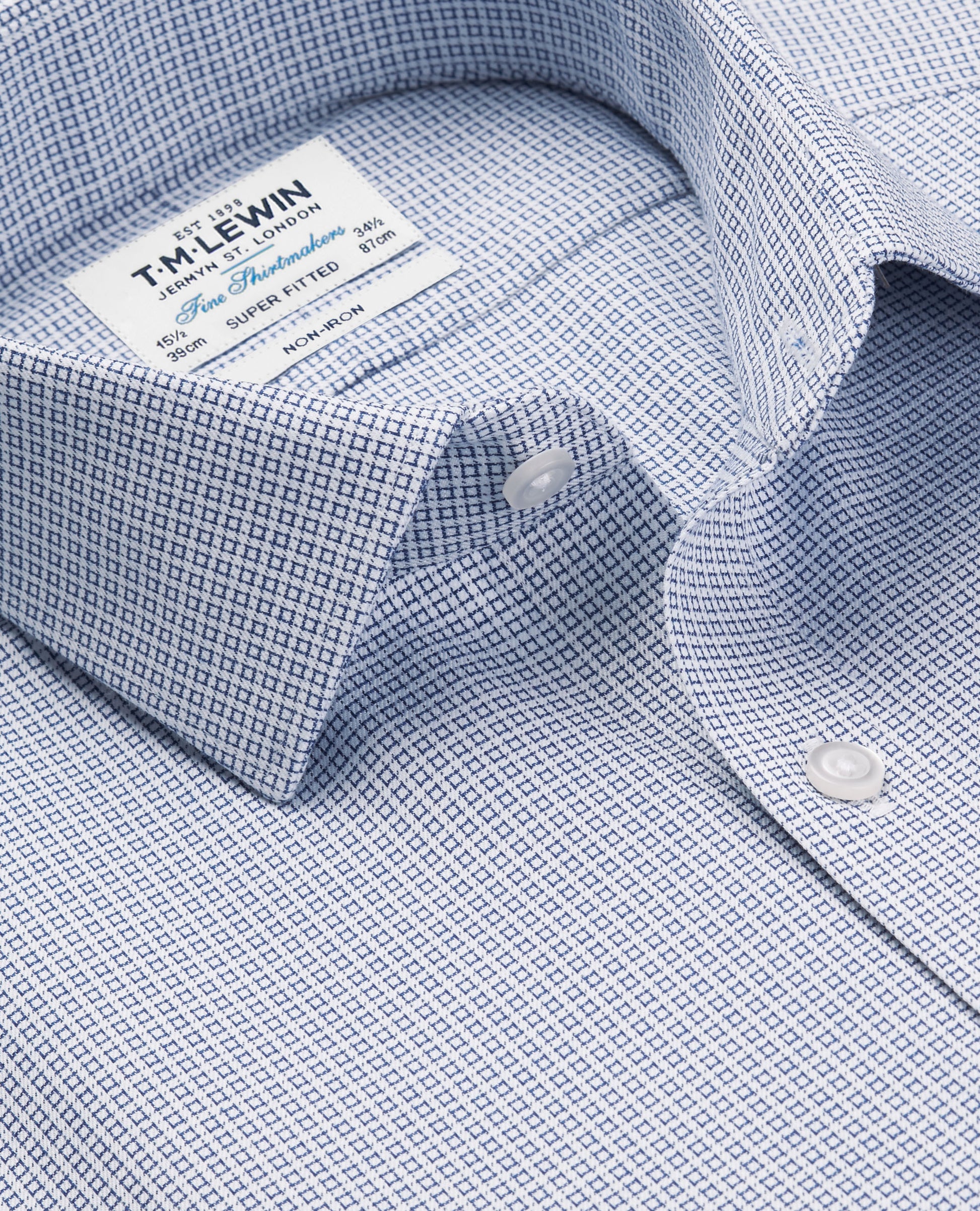 Image 1 of Non-Iron Blue Geometric Square Print Twill Super Fitted Single Cuff Classic Collar Shirt