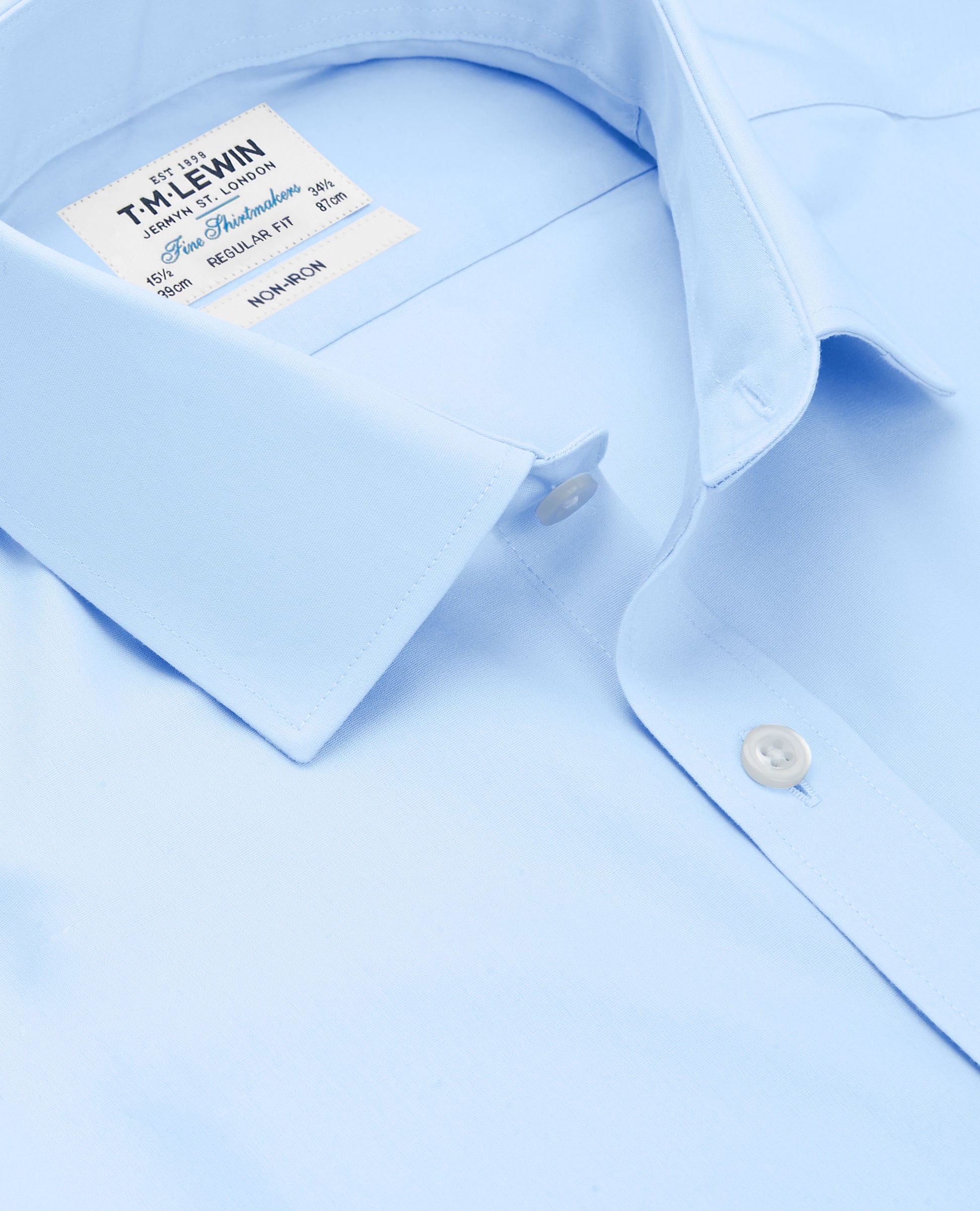 Image 3 of Non-Iron Sky Blue Plain Poplin Regular Fit Double Cuff Classic Collar Shirt