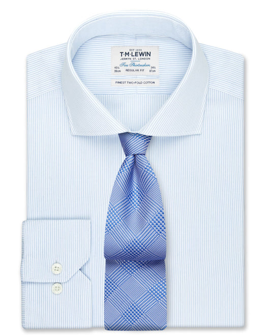Image 1 of Blue Fine Stripe Dobby Regular Fit Dual Cuff Classic Collar Shirt